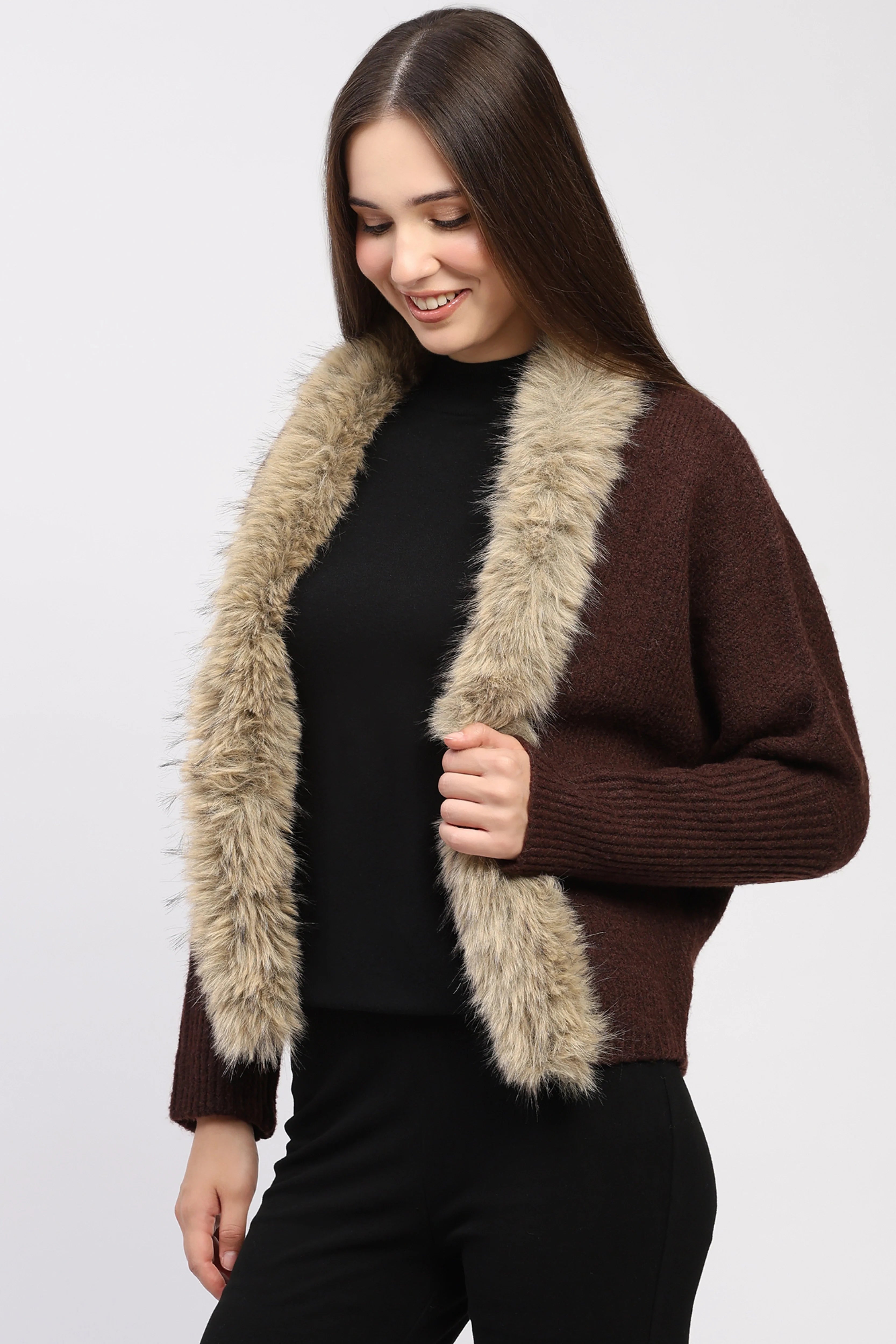 Fur-Trimmed Coffee Brown Winter Shrug