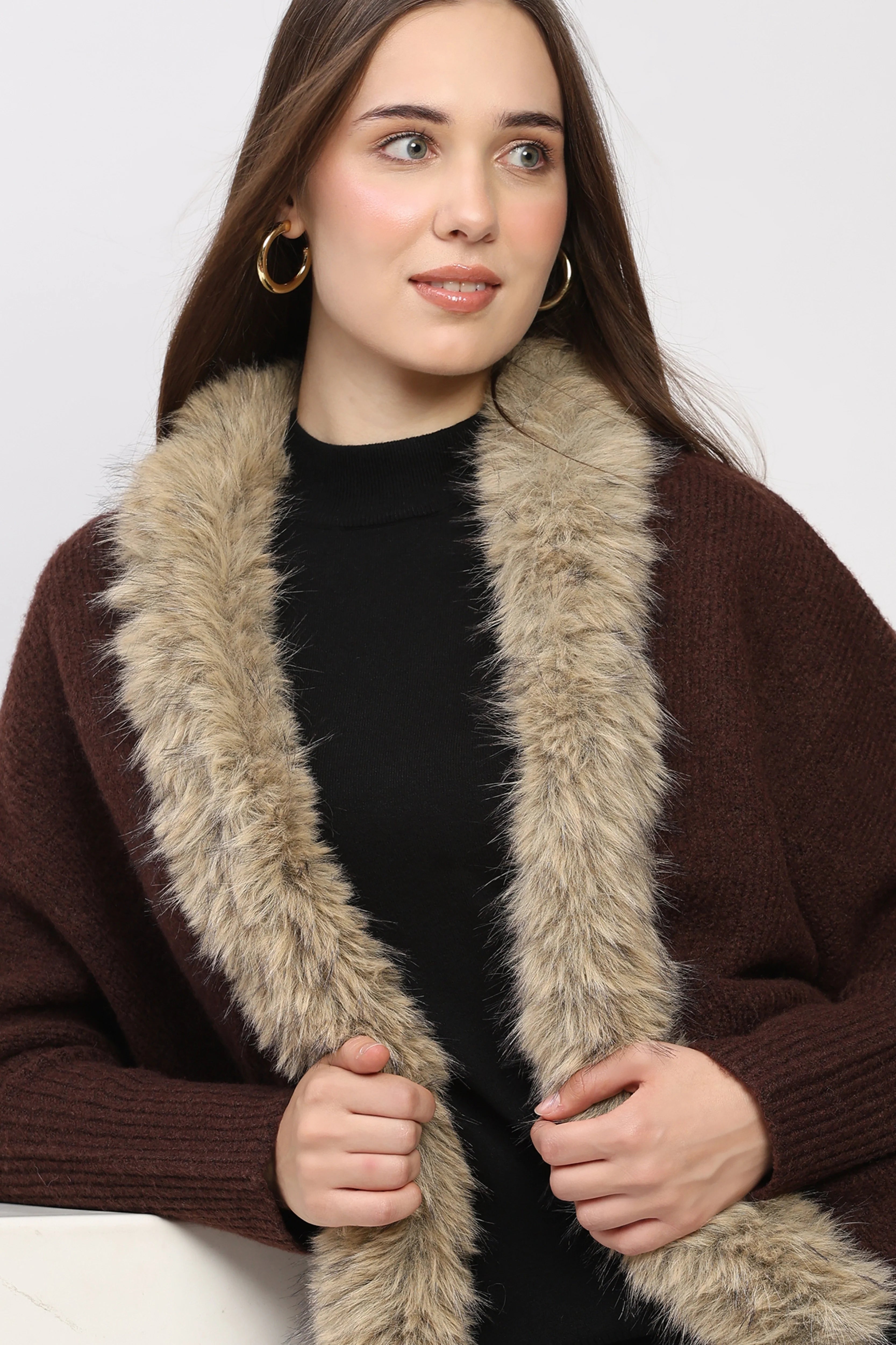 Fur-Trimmed Coffee Brown Winter Shrug