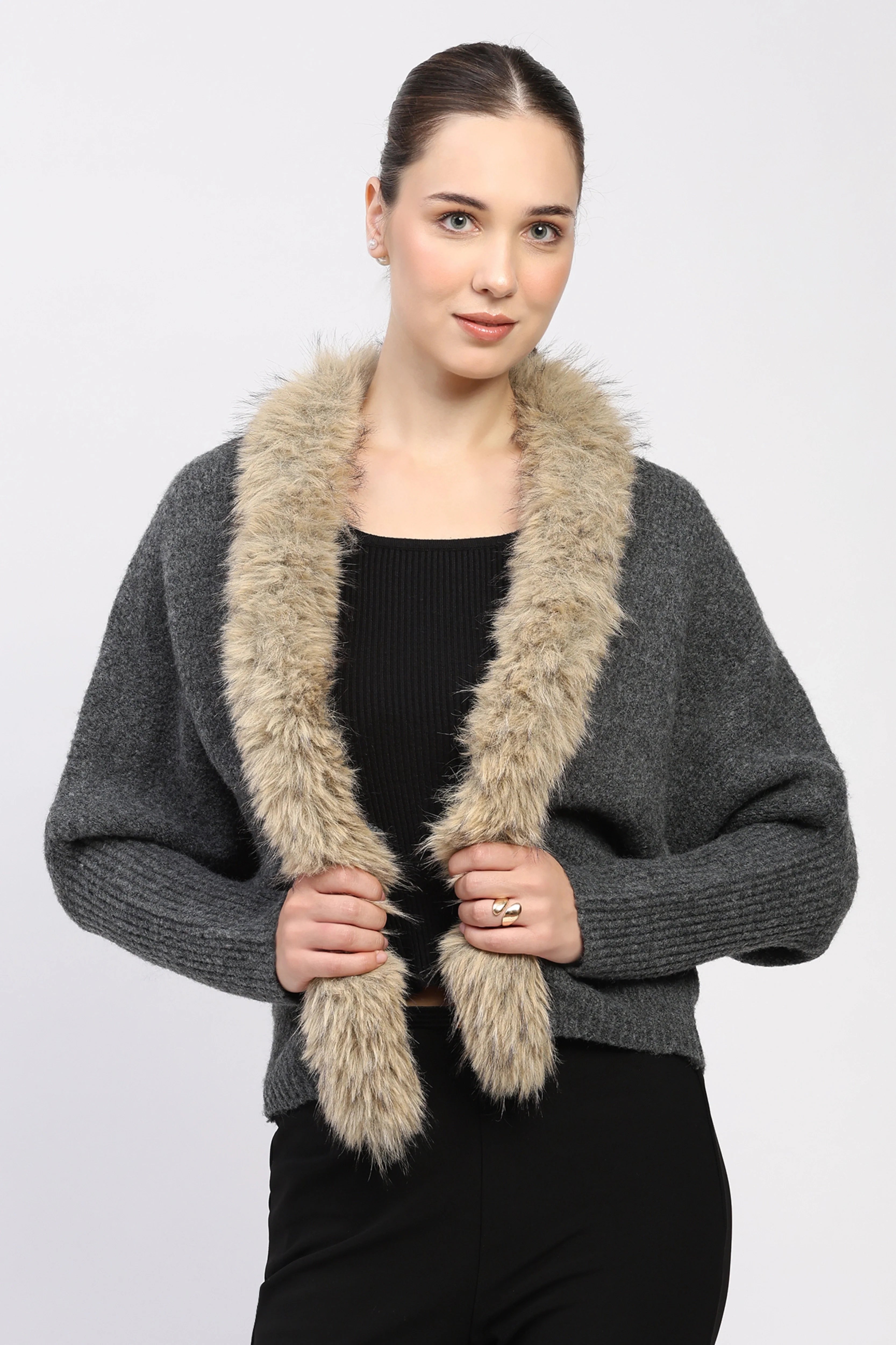 Beige Fur-Trimmed Grey Winter Shrug