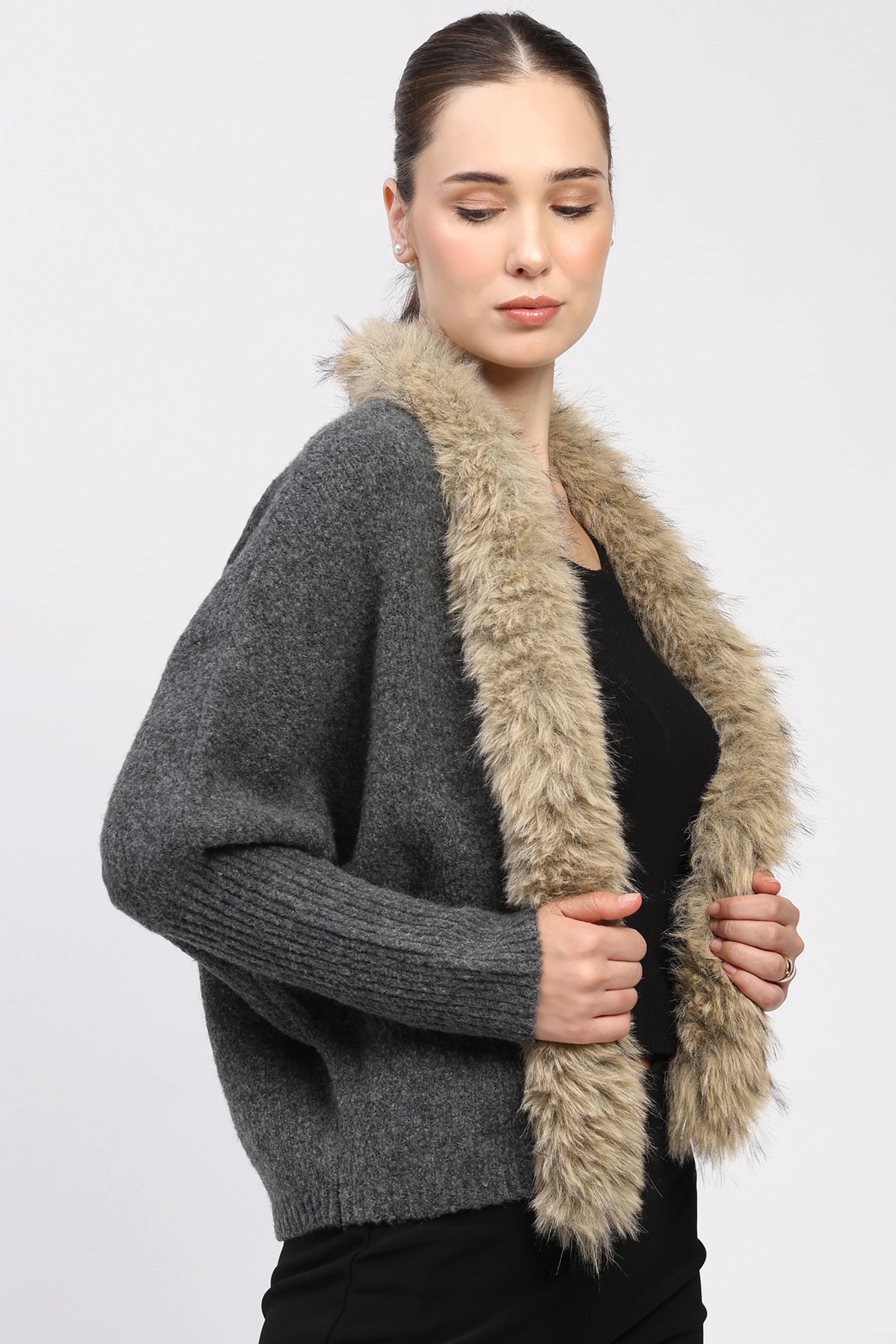 Beige Fur-Trimmed Grey Winter Shrug