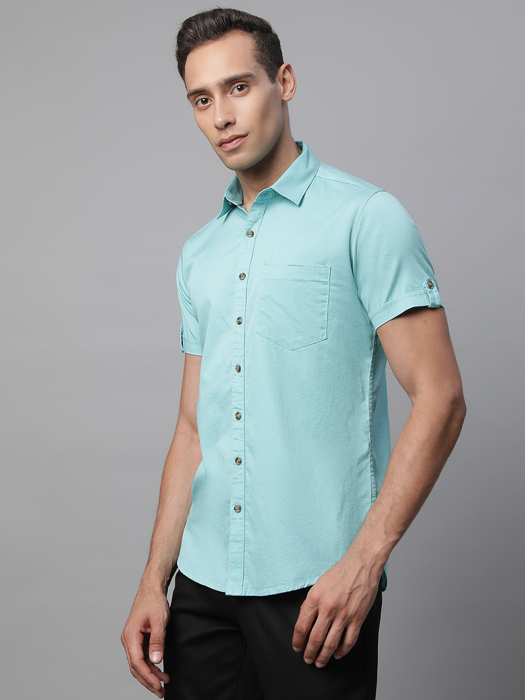 Mens Aqua Collar Neck Solid Shirt - Global Republic