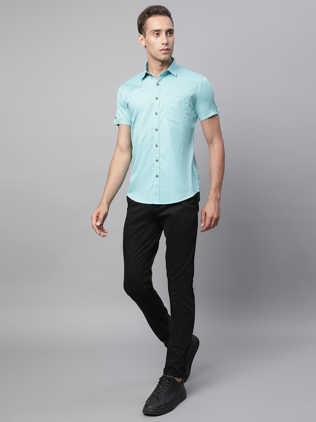 Mens Aqua Collar Neck Solid Shirt - Global Republic