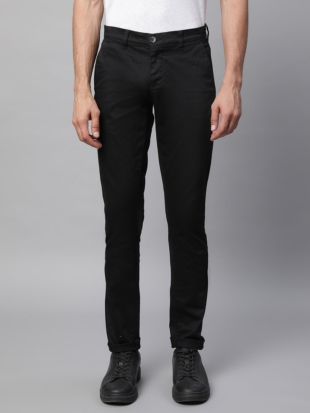 Mens Black Polyester Solid Trouser