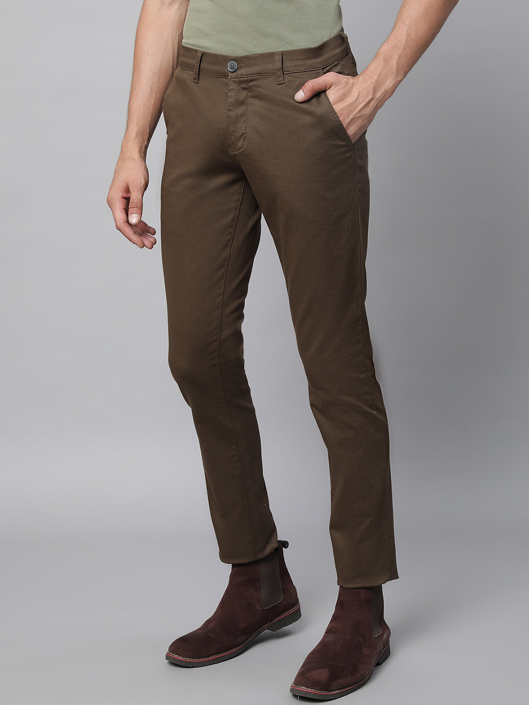 Mens Brown Polyester Solid Trouser
