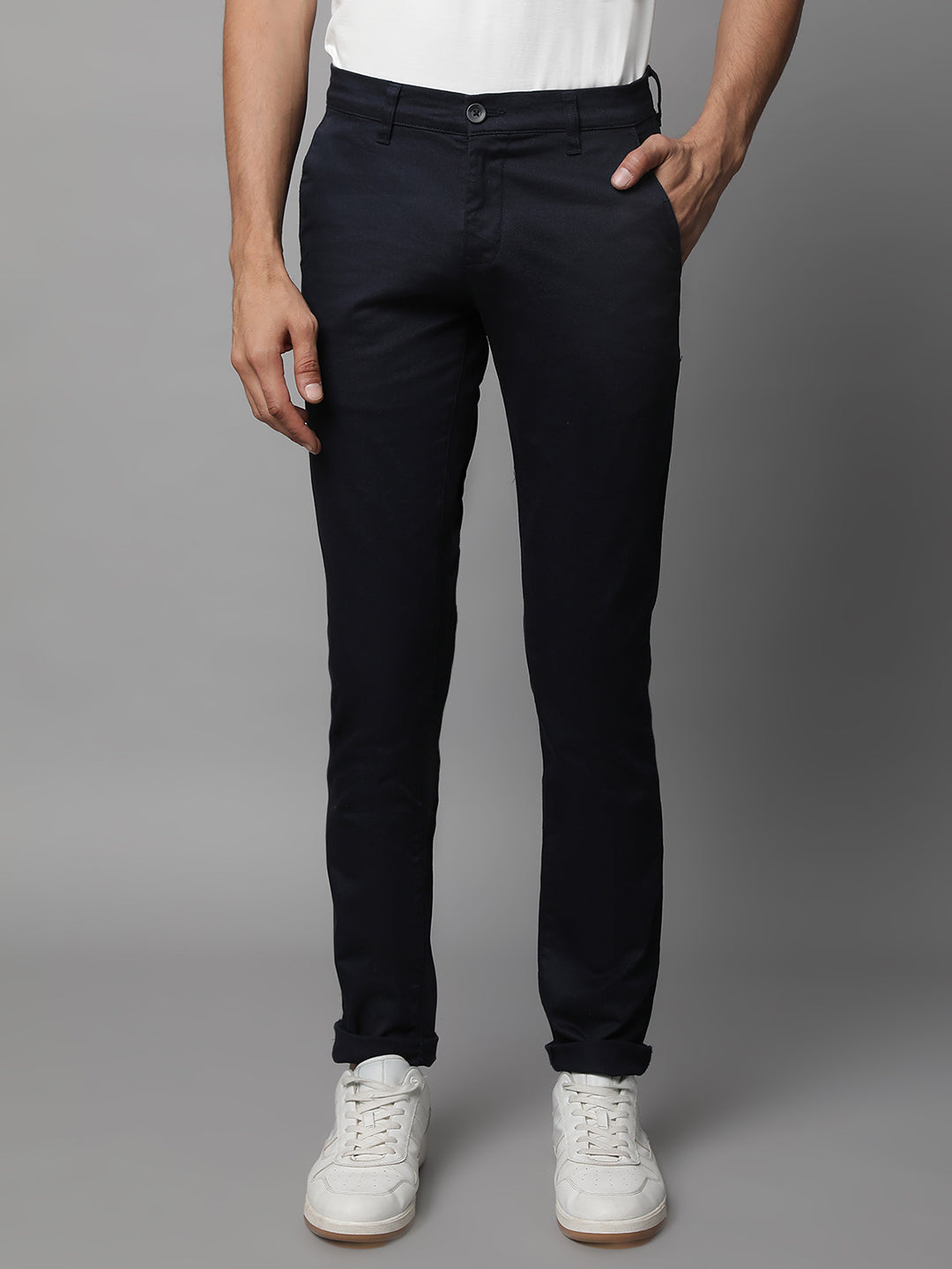 Mens Navy Blue Polyester Solid Trouser