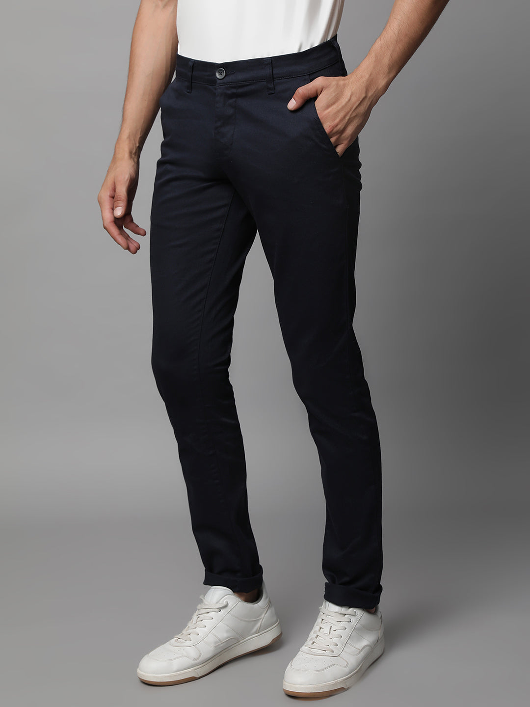 Mens Navy Blue Polyester Solid Trouser