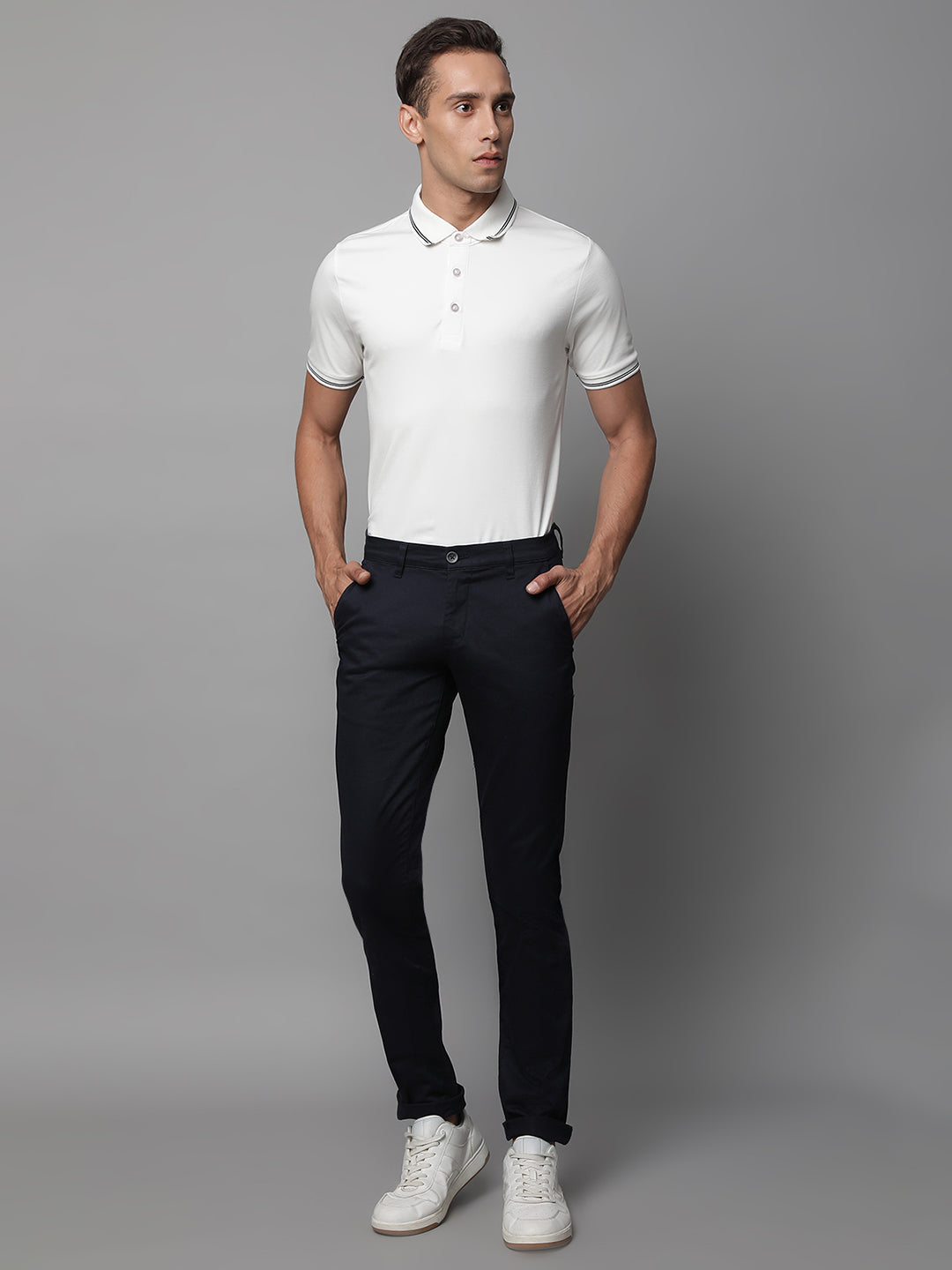 Mens Navy Blue Polyester Solid Trouser