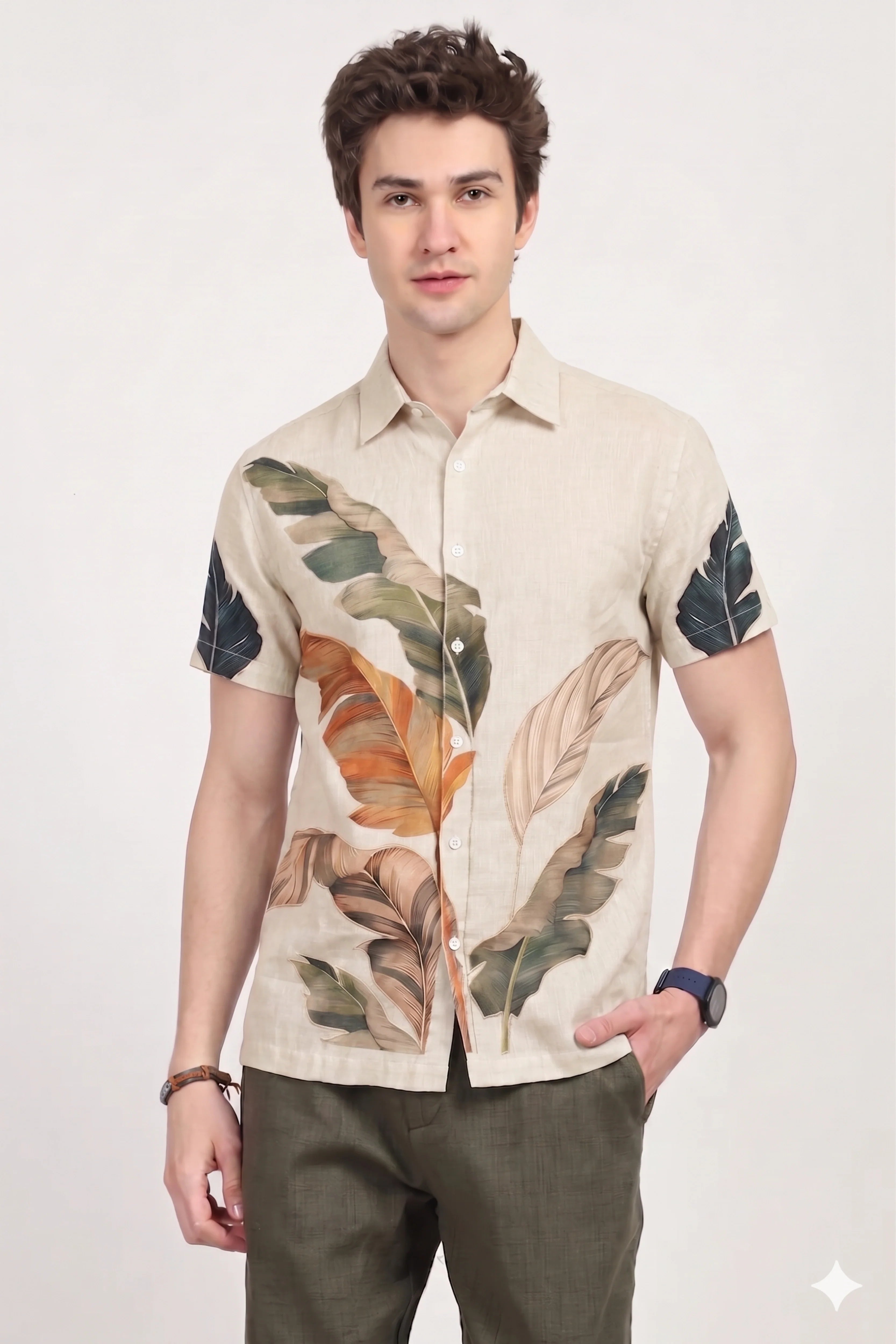Linen Blend Tropical Print Shirt-Global Republic