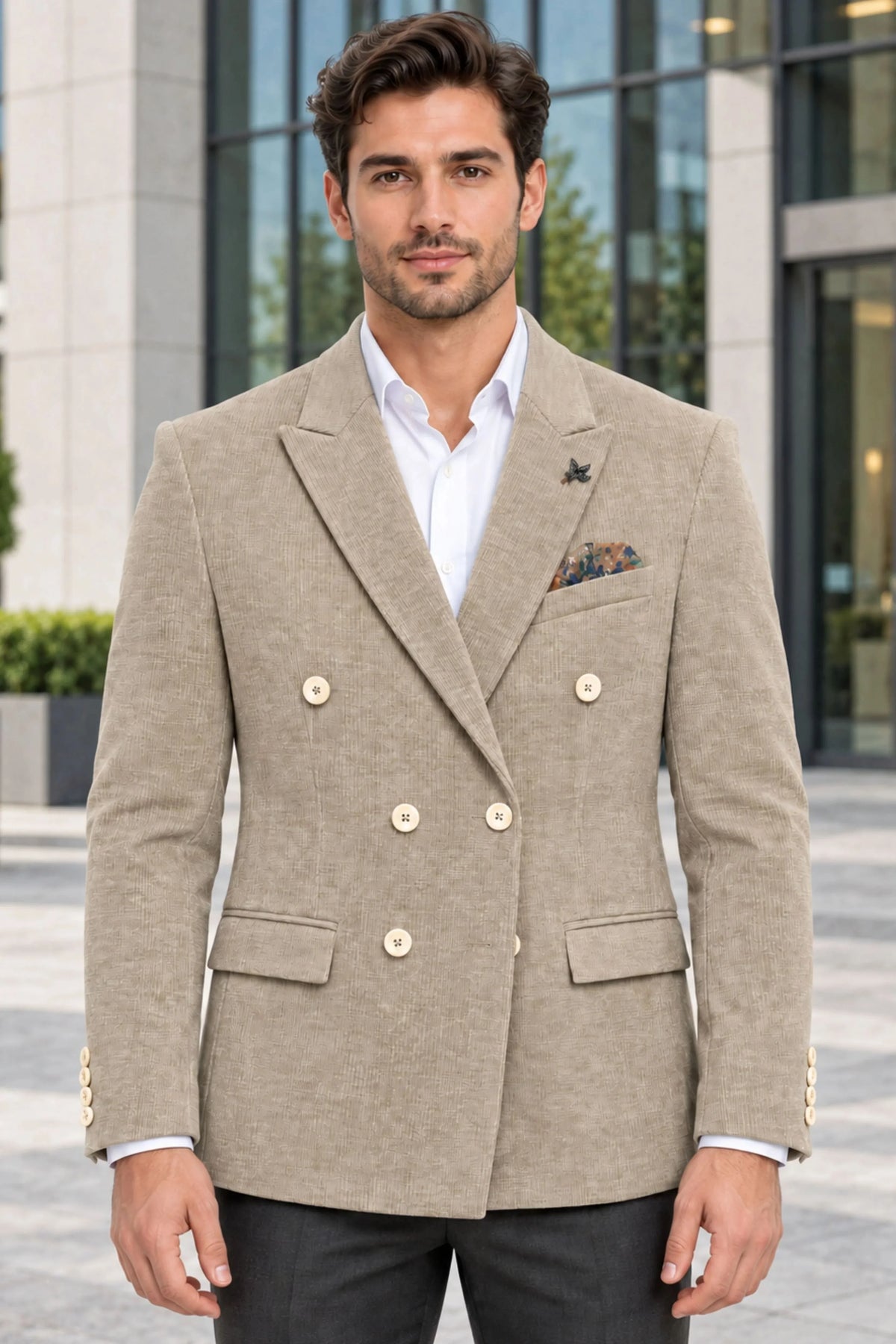 Beige Double-Breasted Corduroy Coat-Global Republic
