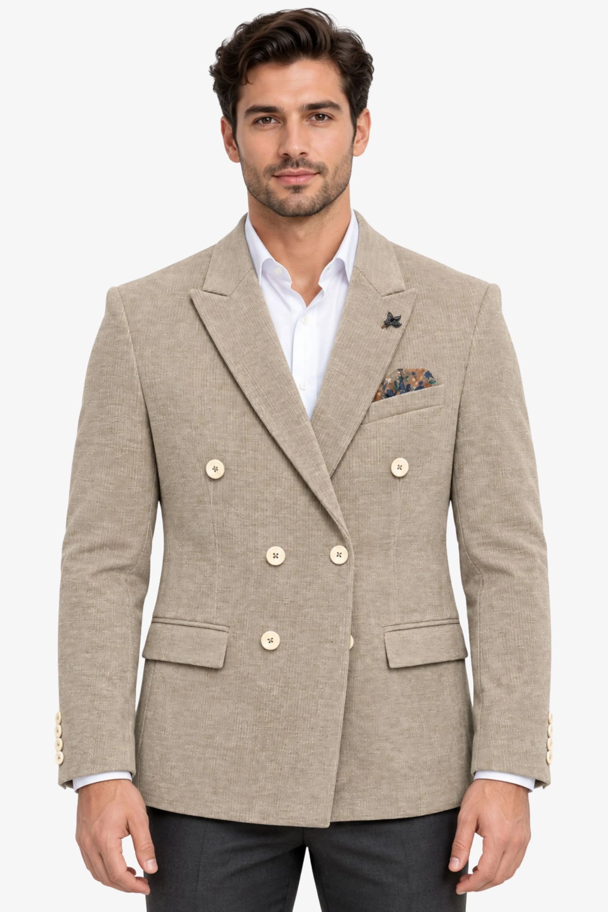 Beige Double-Breasted Corduroy Coat-Global Republic