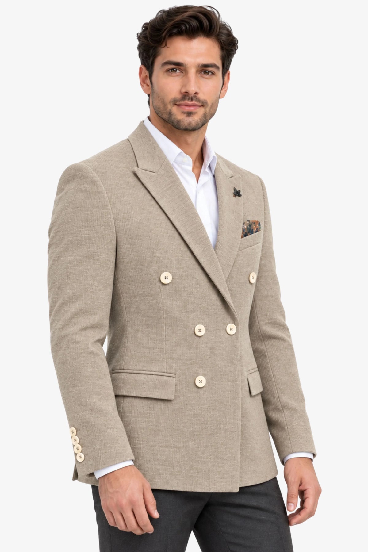 Beige Double-Breasted Corduroy Coat-Global Republic
