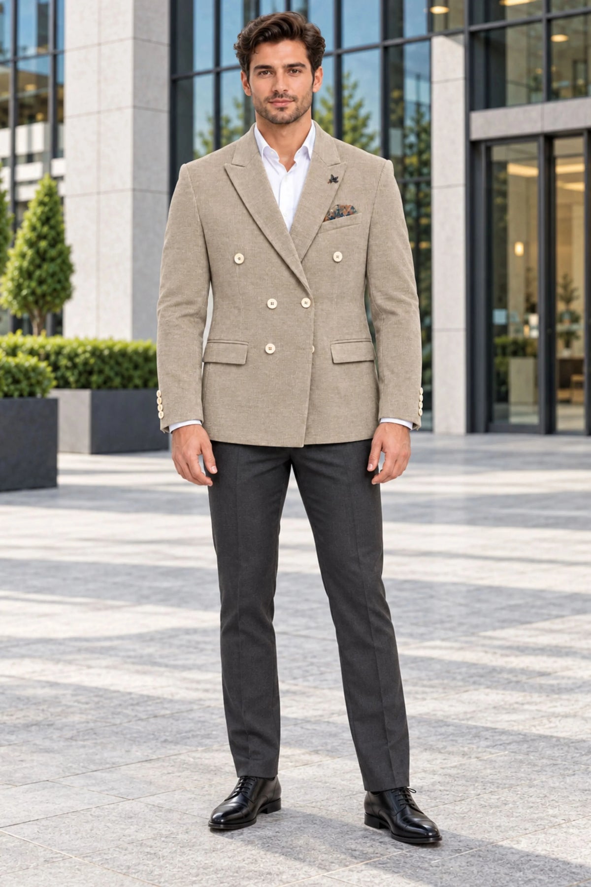 Beige Double-Breasted Corduroy Coat-Global Republic