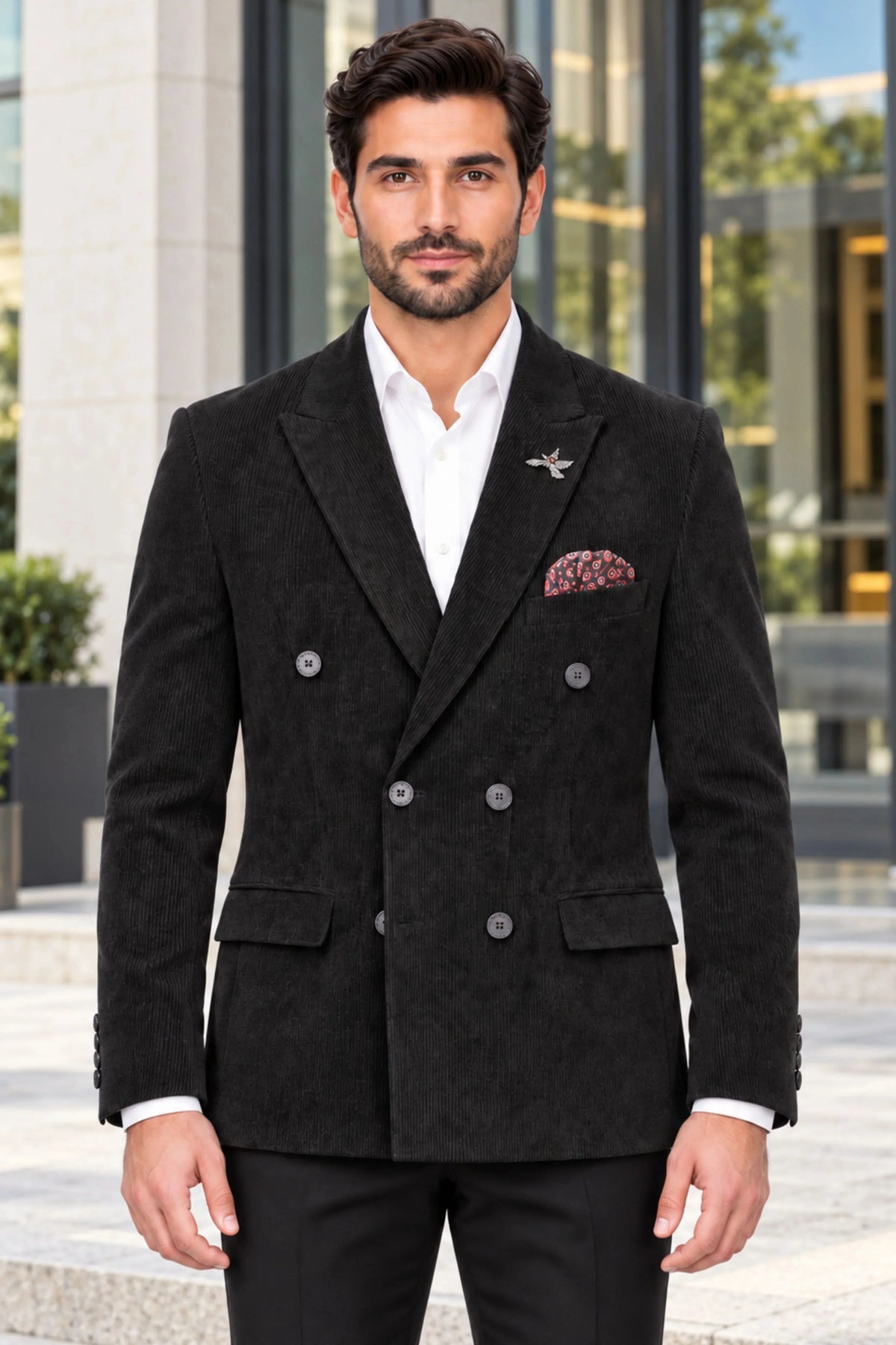 Black Double-Breasted Corduroy Coat-Global Republic