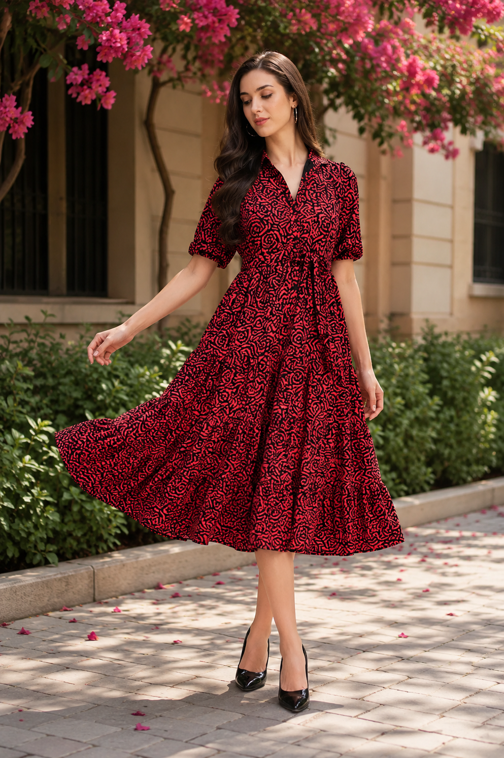 black and red midi dress & Floral Tiered – Global Republic Indian Wedding Dresses for Wedding Dresses 2025 Color:khaki floral