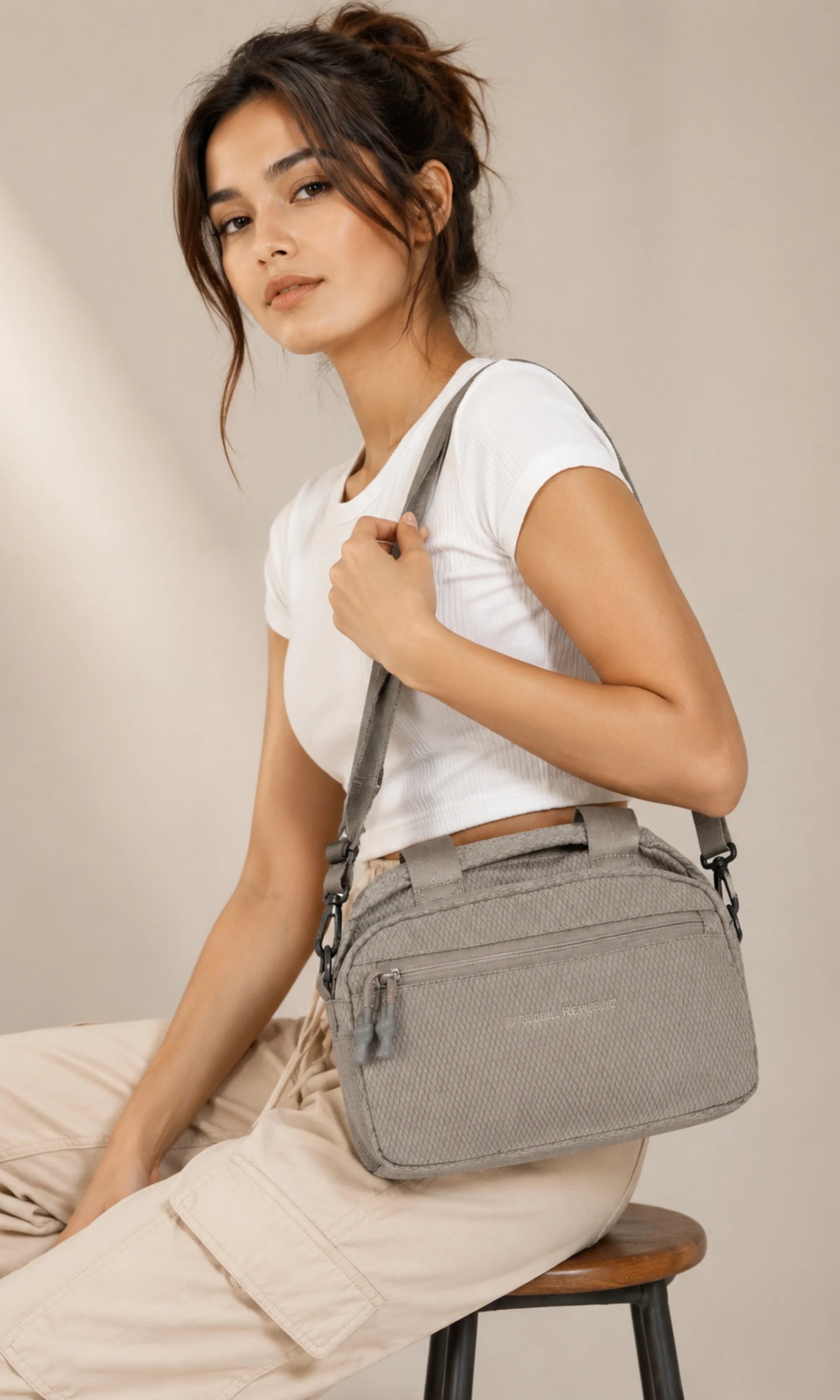 Grey Quilted Utility Sling Bag-Global Republic