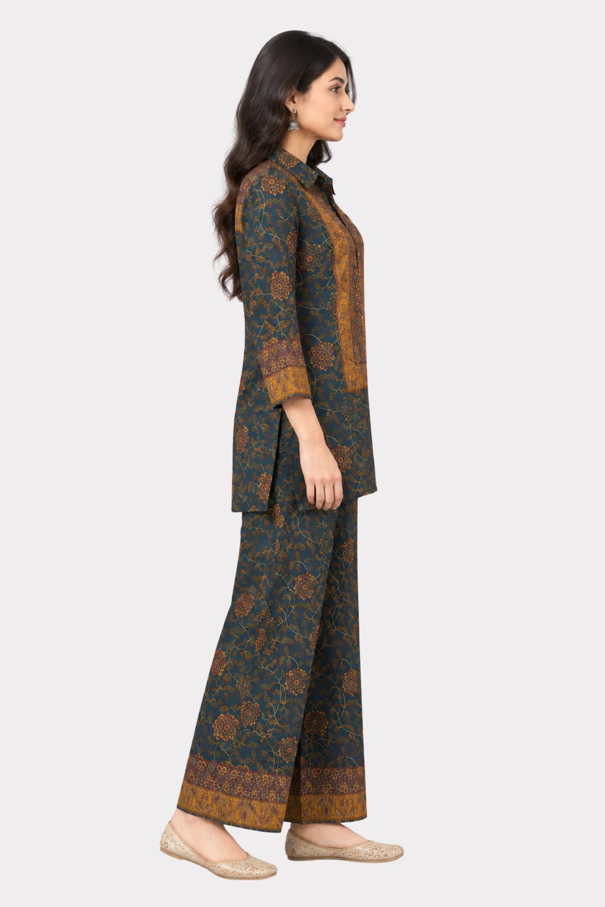 Navy Blue Floral Printed Modal Crepe Co-ord Set-Global Republic