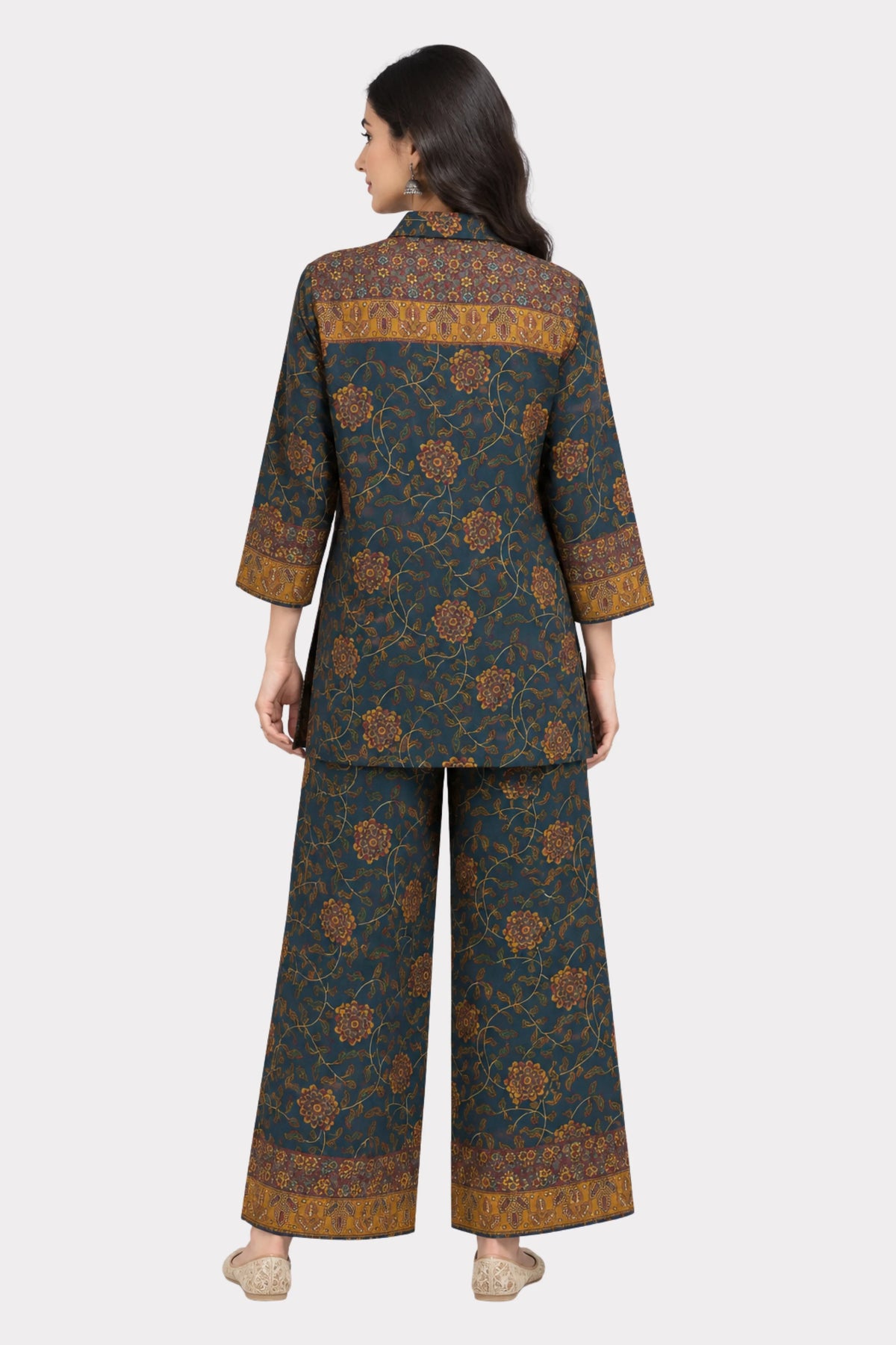 Navy Blue Floral Printed Modal Crepe Co-ord Set-Global Republic