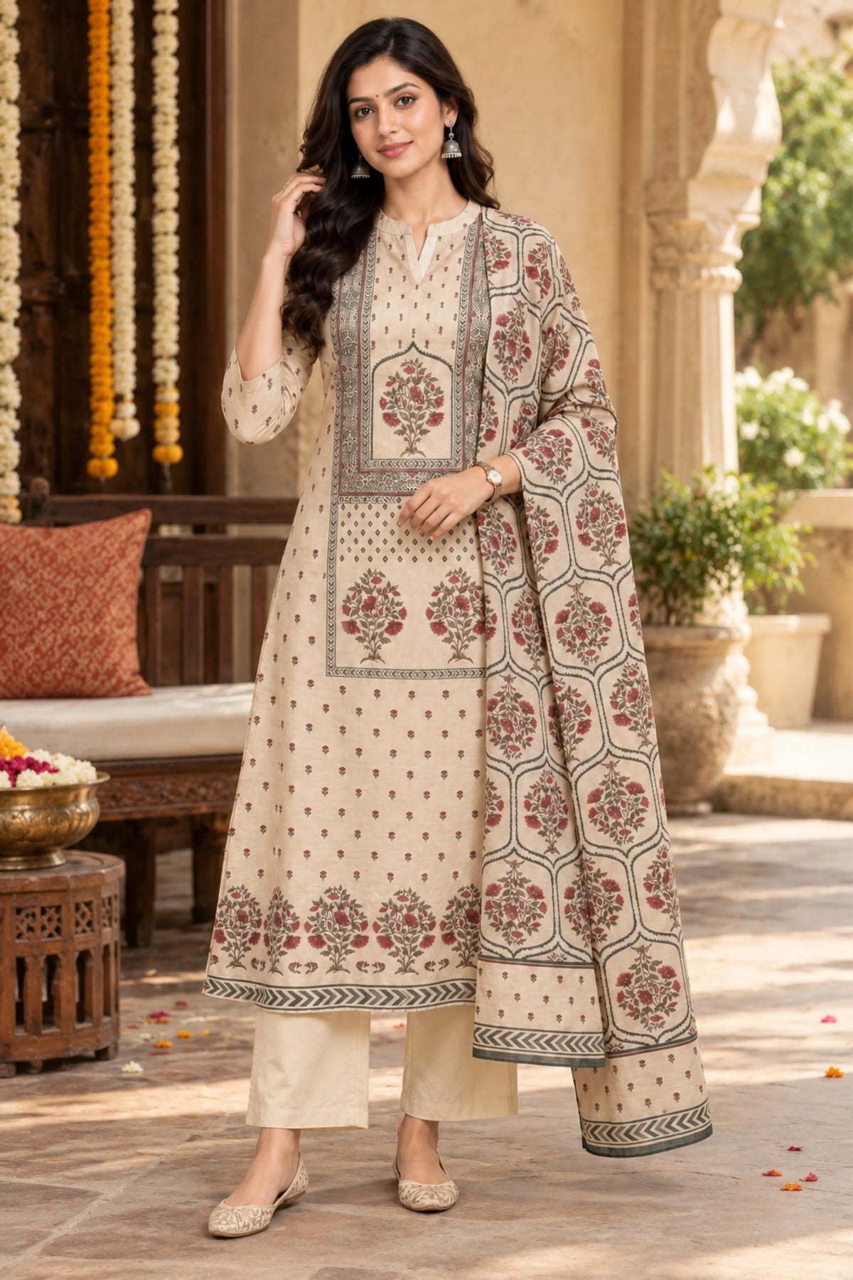 Beige Floral Printed Embellished Suit Set-Global Republic