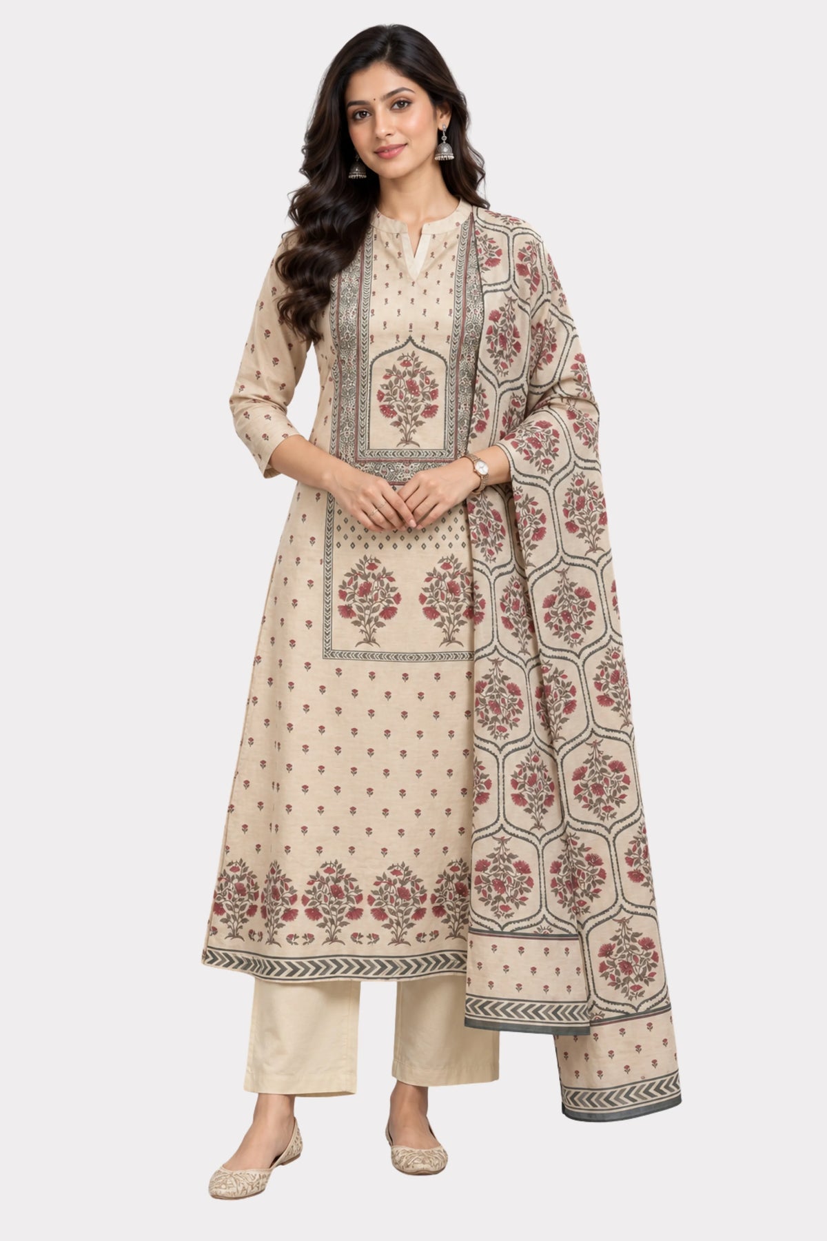 Beige Floral Printed Embellished Suit Set-Global Republic