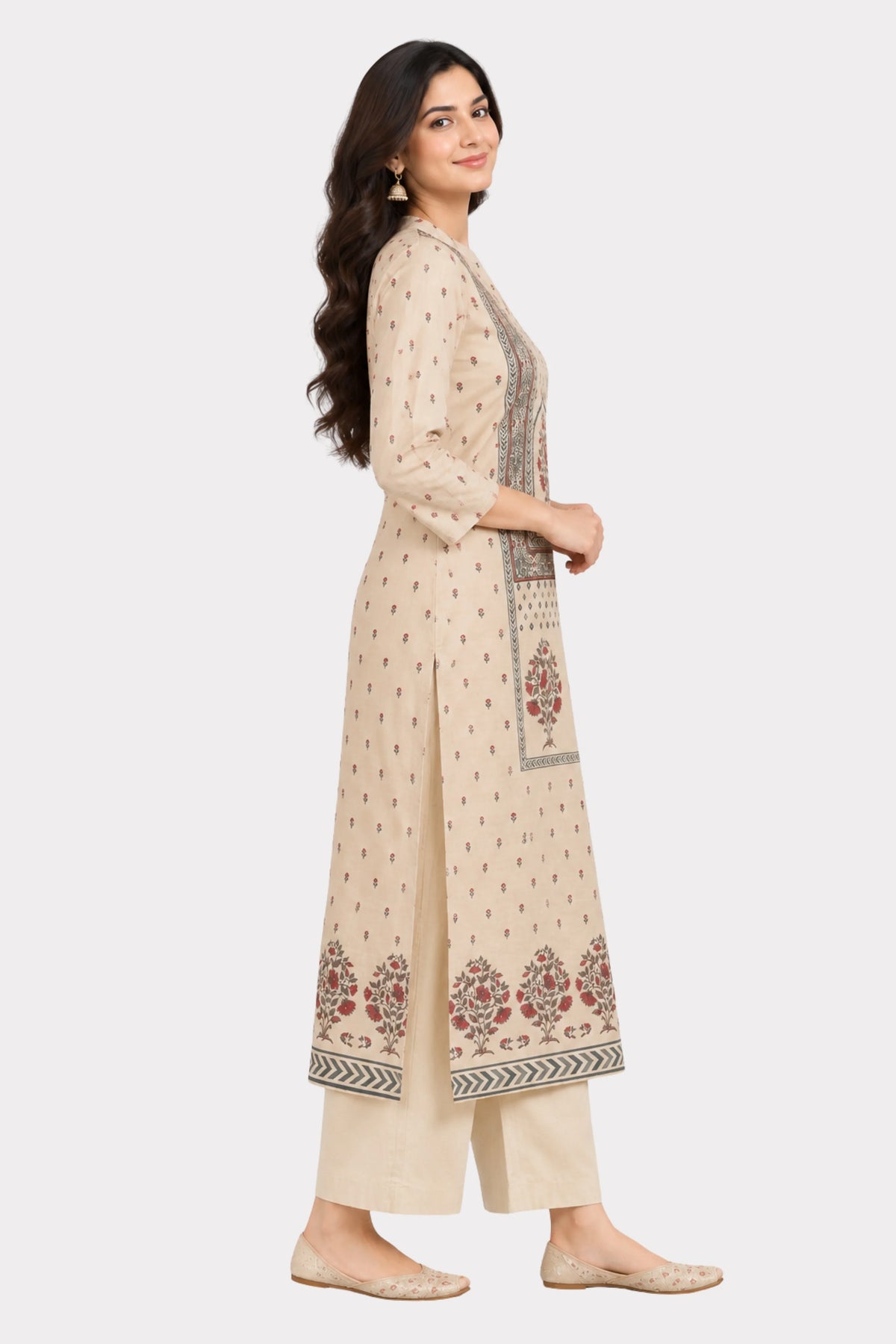Beige Floral Printed Embellished Suit Set-Global Republic