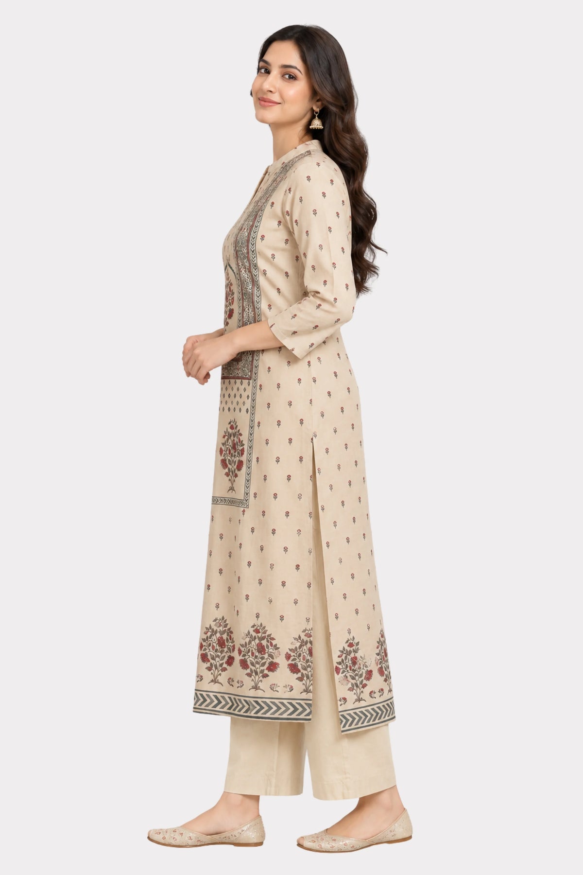 Beige Floral Printed Embellished Suit Set-Global Republic