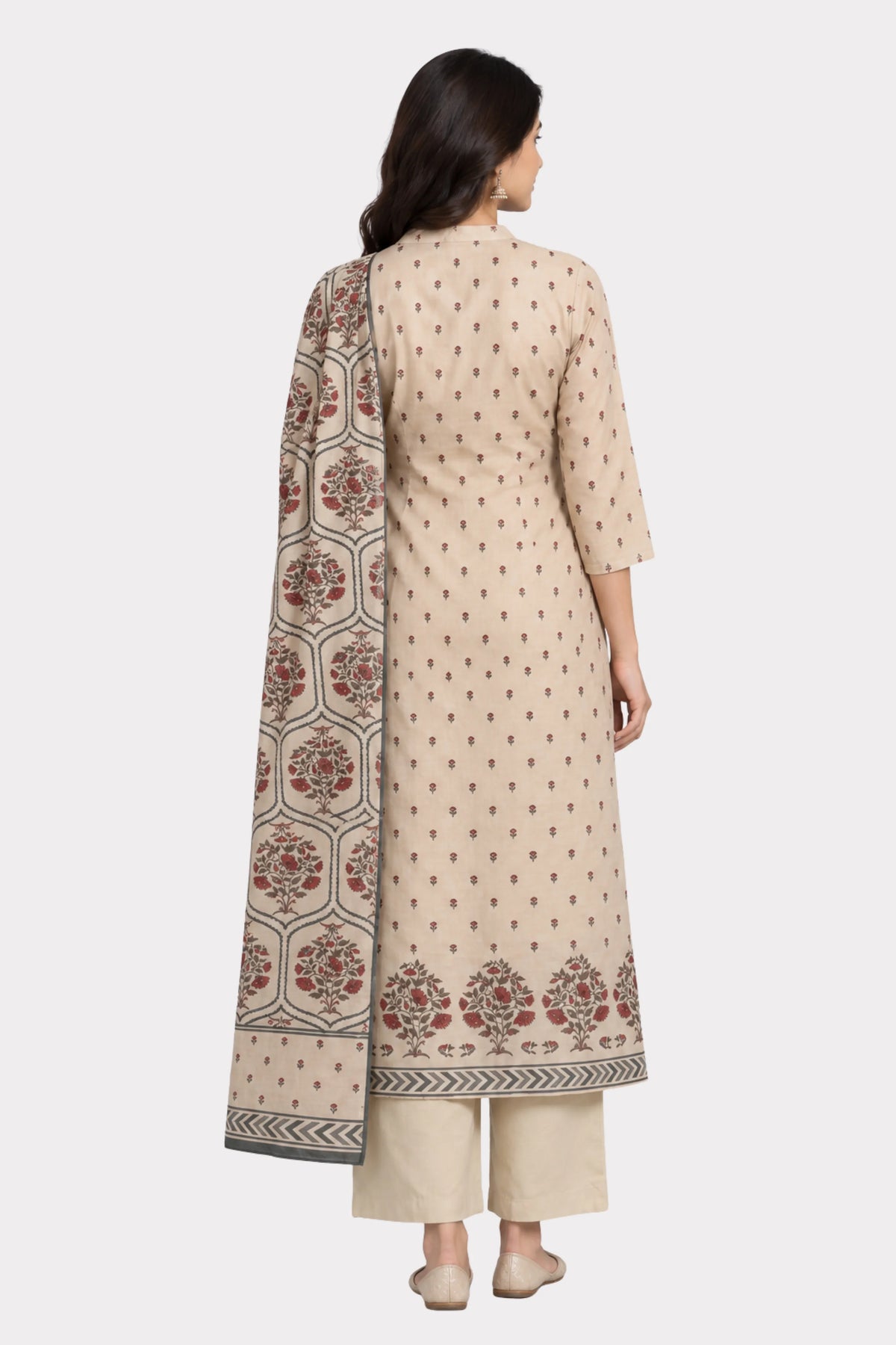 Beige Floral Printed Embellished Suit Set-Global Republic