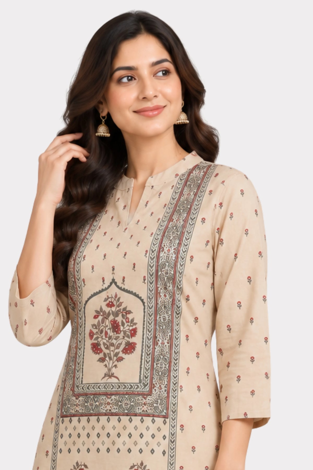 Beige Floral Printed Embellished Suit Set-Global Republic
