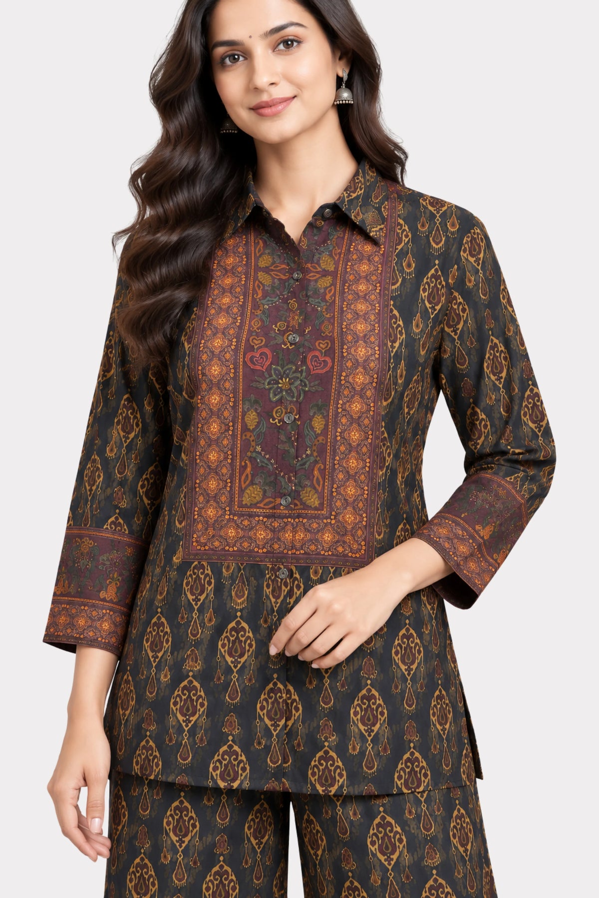 Black Ethnic Printed Modal Crepe Co-ord Set-Global Republic