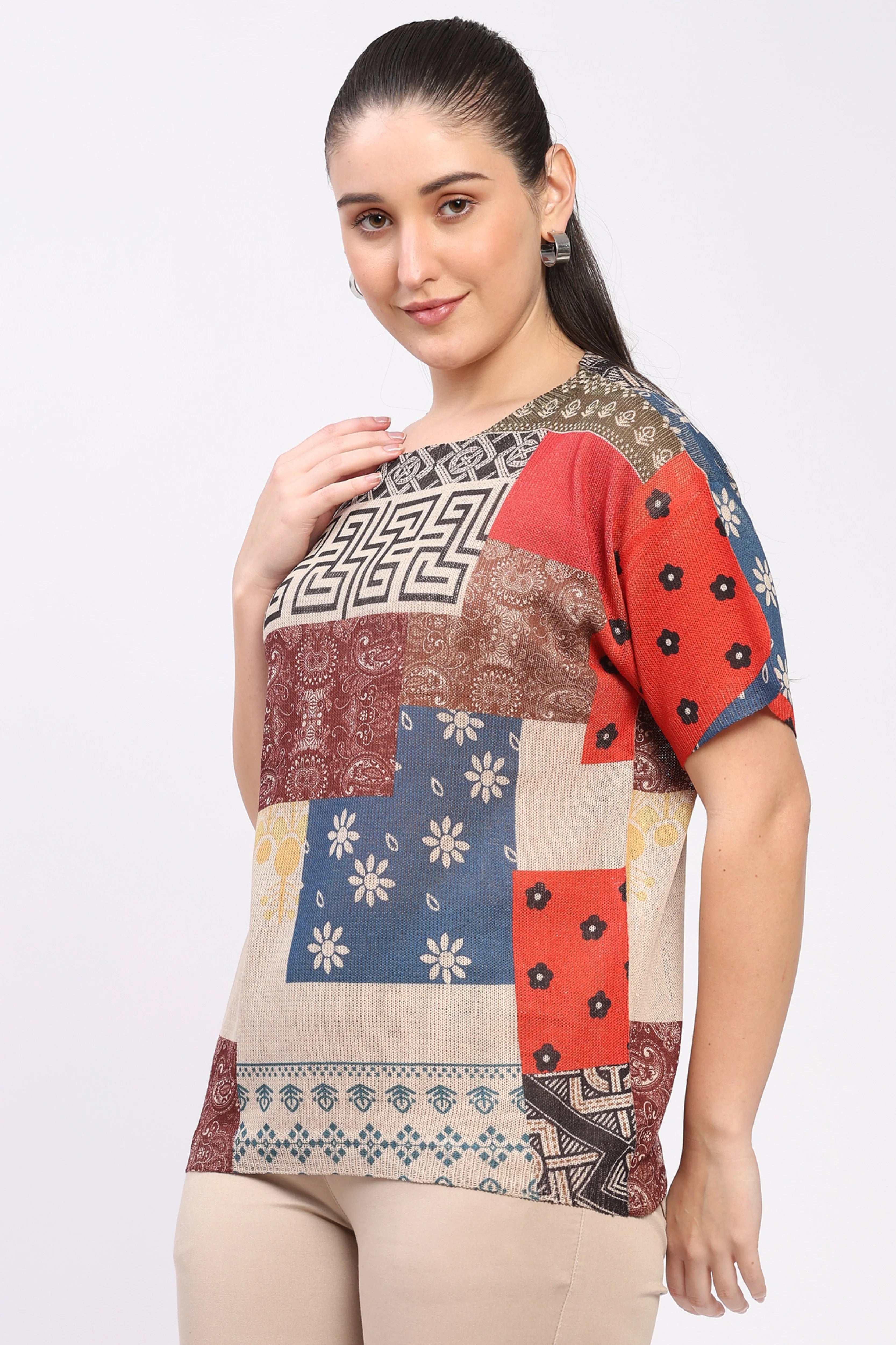 Patchwork Print Knit Top-Global Republic