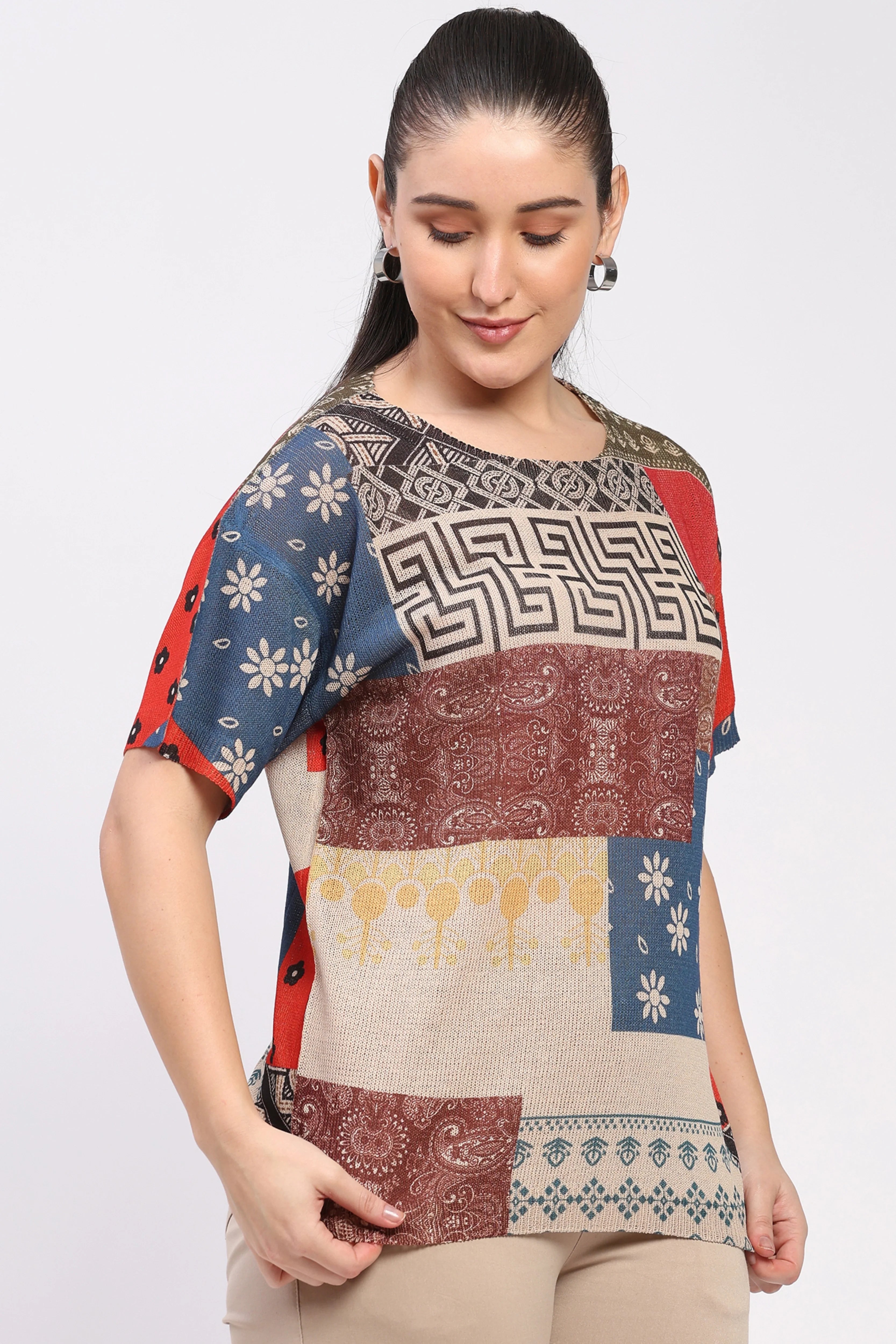 Patchwork Print Knit Top-Global Republic