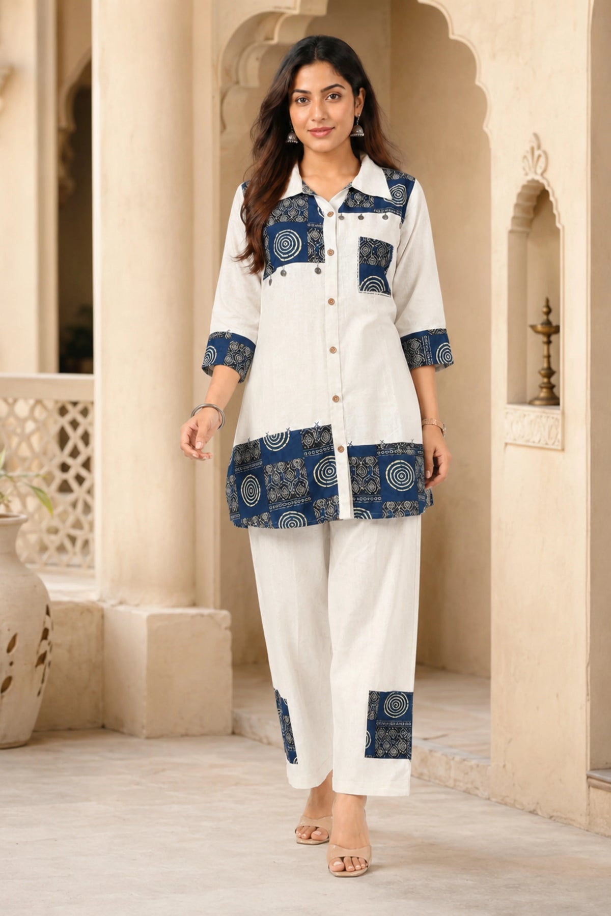 White Printed Cotton Ethnic Co-ord Set-Global Republic