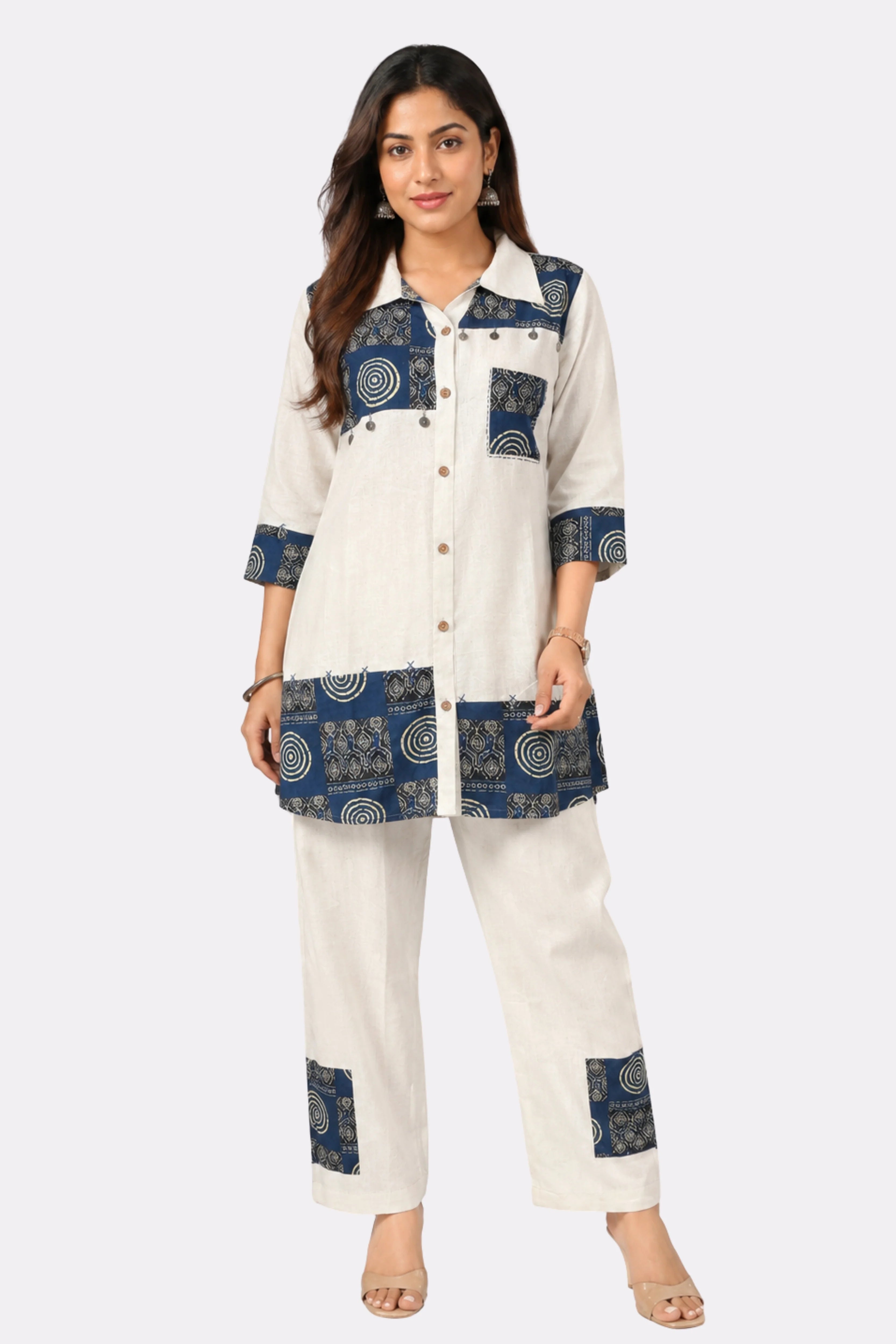 White Printed Cotton Ethnic Co-ord Set-Global Republic