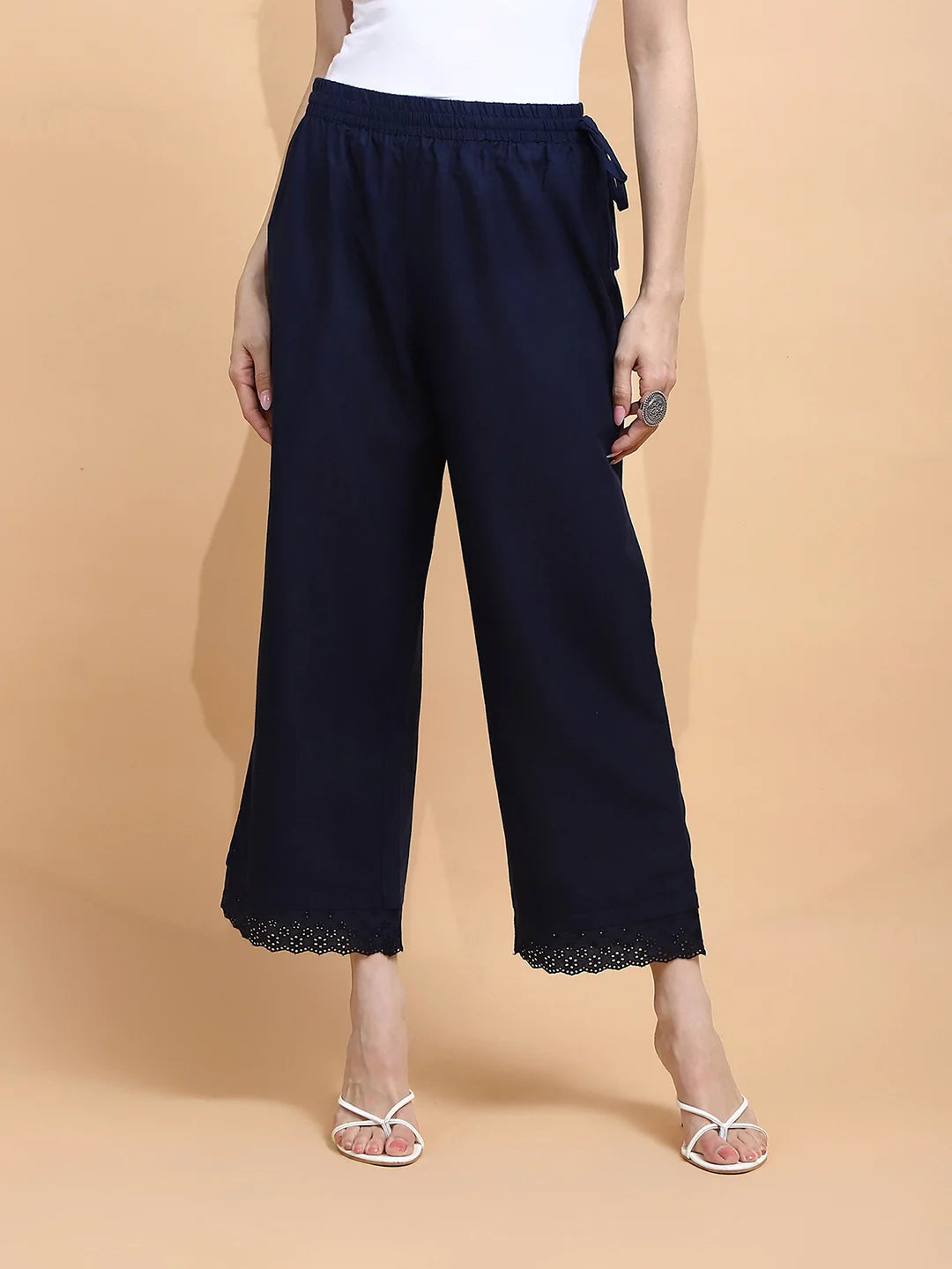 Navy Blue Cotton Loose Fit Palazzo - Global Republic
