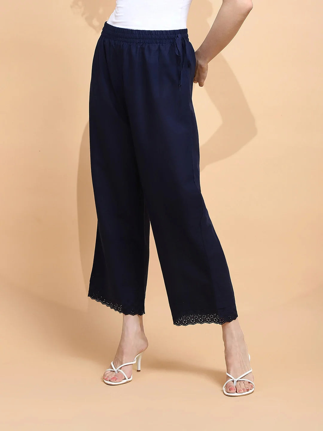 Navy Blue Cotton Loose Fit Palazzo - Global Republic