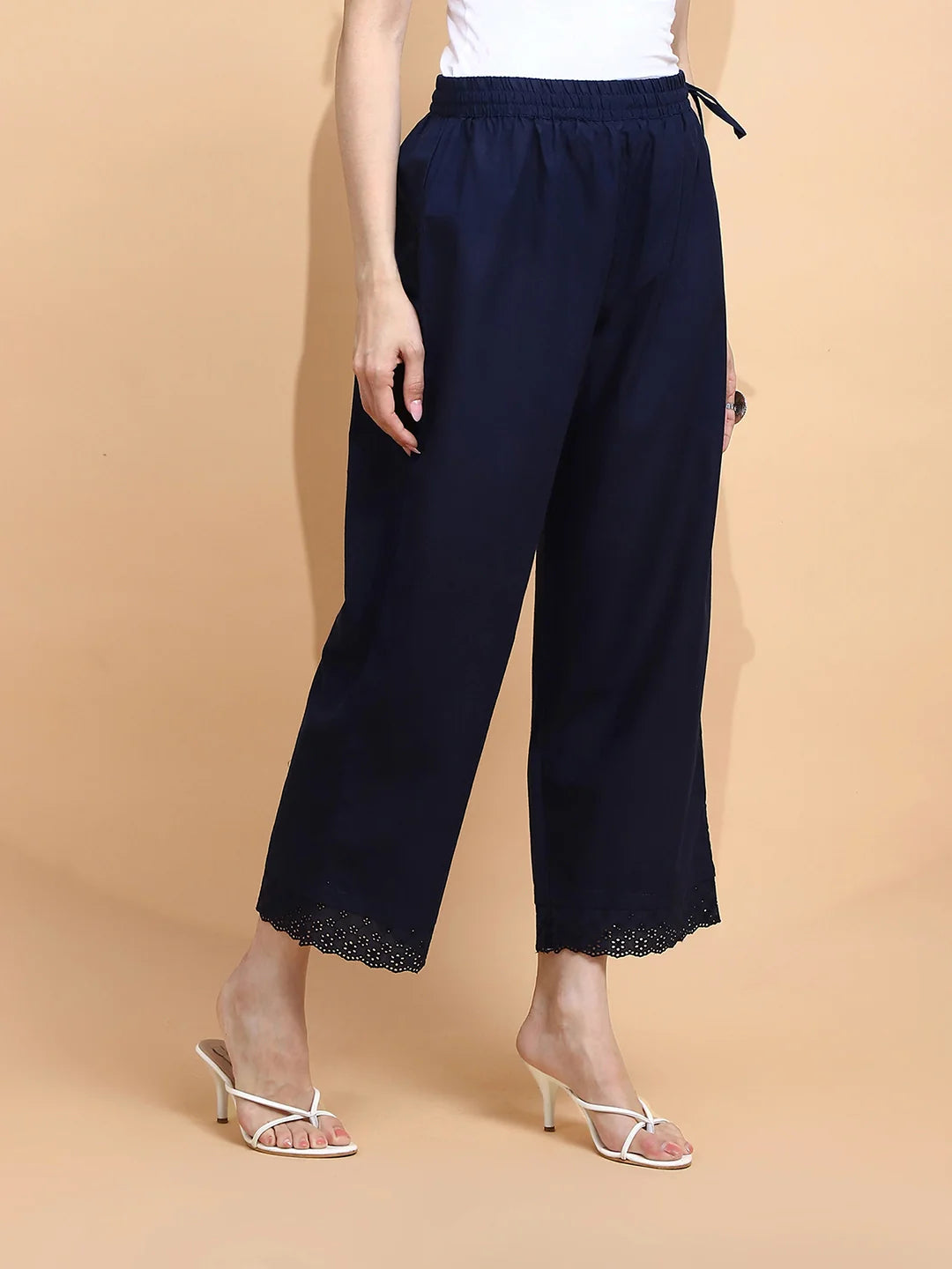 Navy Blue Cotton Loose Fit Palazzo - Global Republic