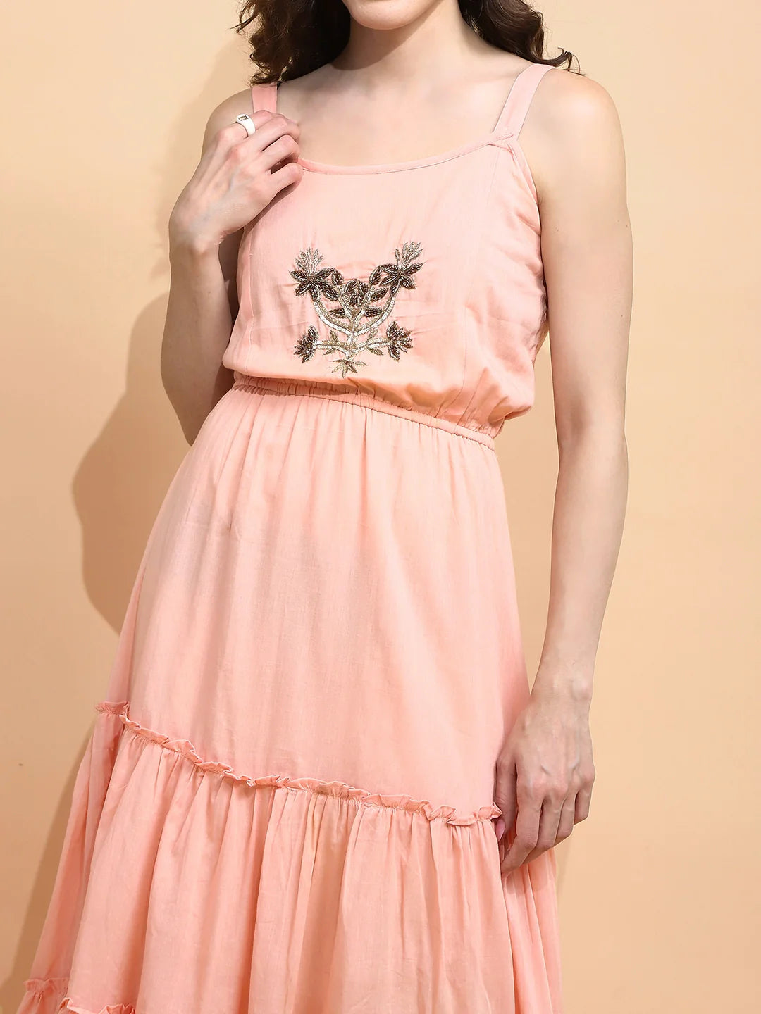 Peach Cotton Regular Fit Dress - Global Republic