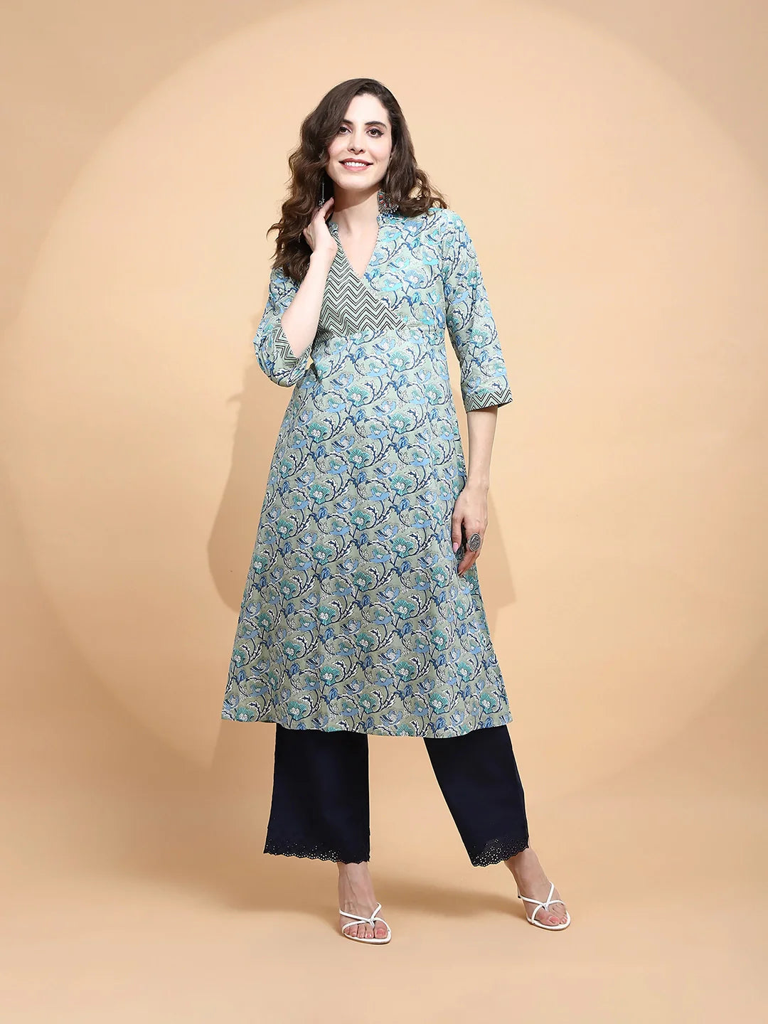 Pista Green Cotton Blend Kurta - Global Republic