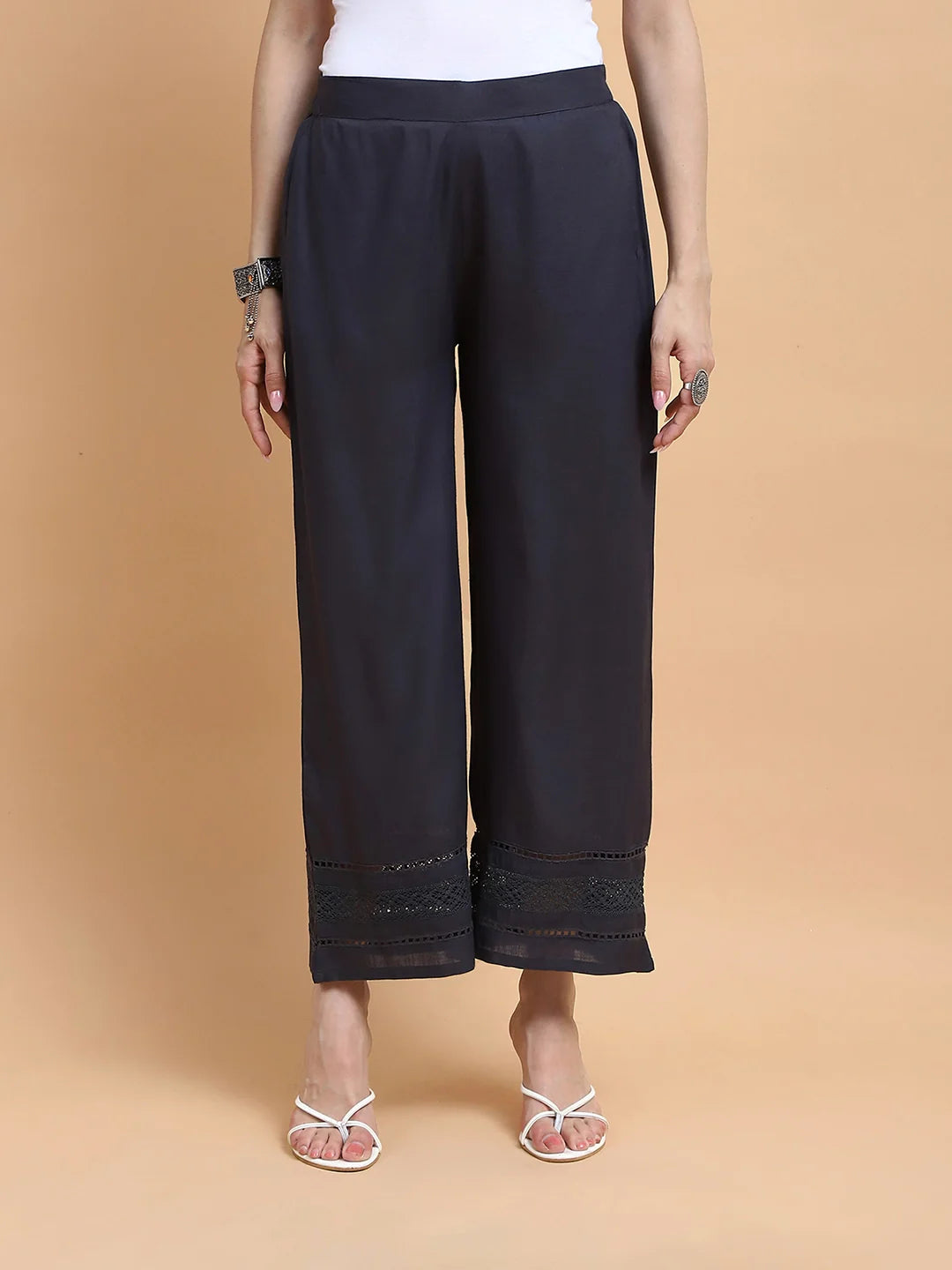 Grey Rayon Blend Loose Fit Palazzo - Global Republic