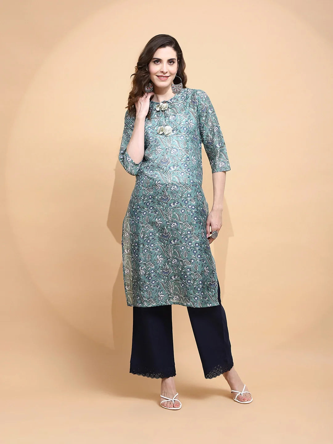 Green Printed Cotton Kurta - Global Republic