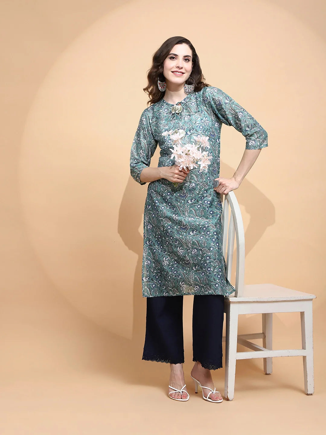 Green Printed Cotton Kurta - Global Republic