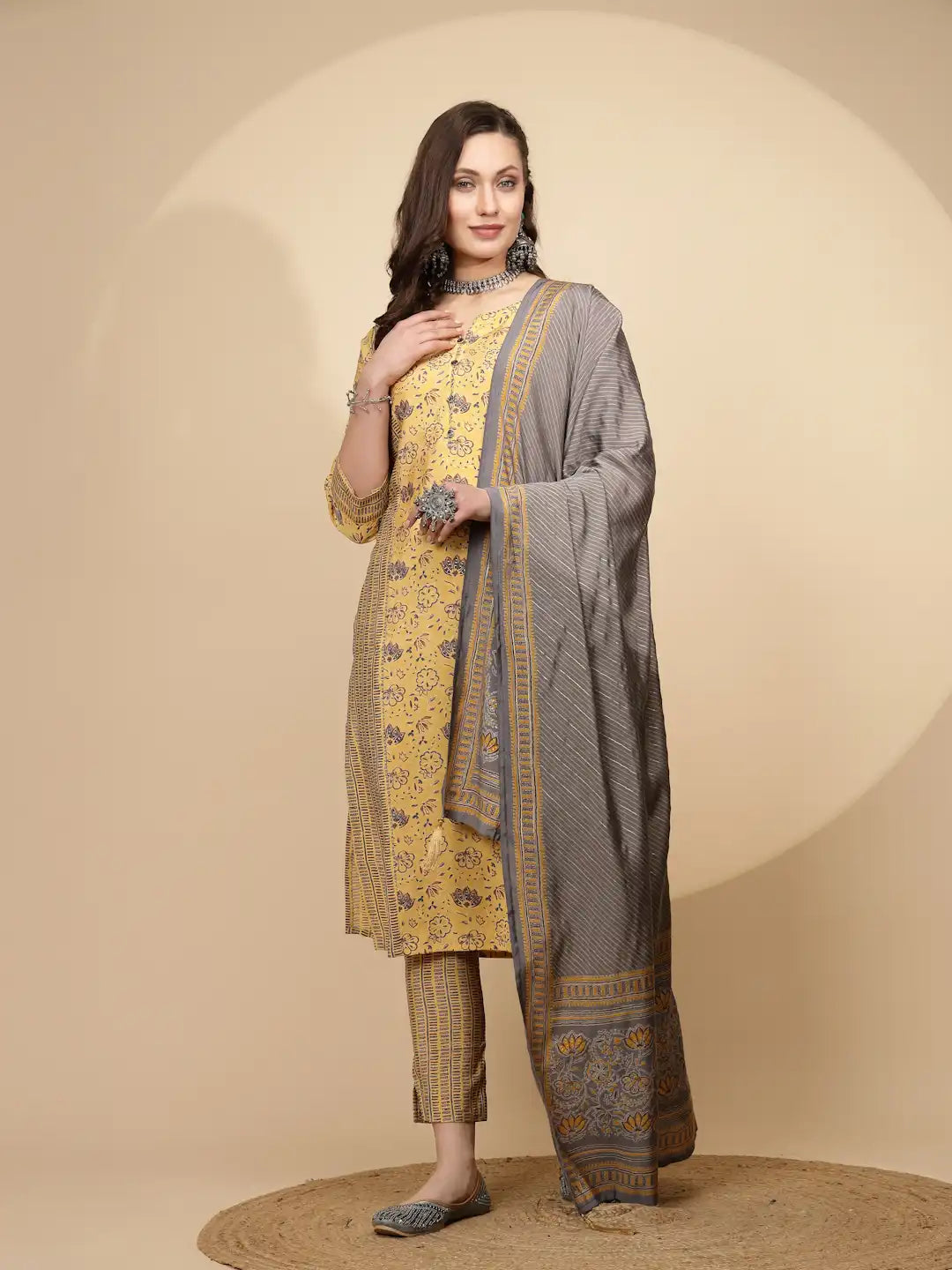 Yellow Cotton Suit Set For Women - Global Republic