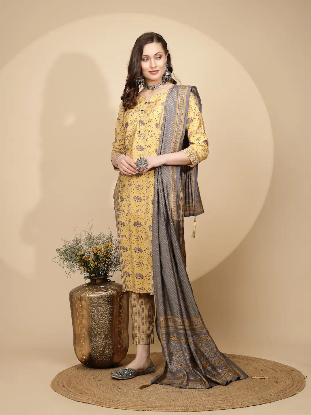 Yellow Cotton Suit Set For Women - Global Republic