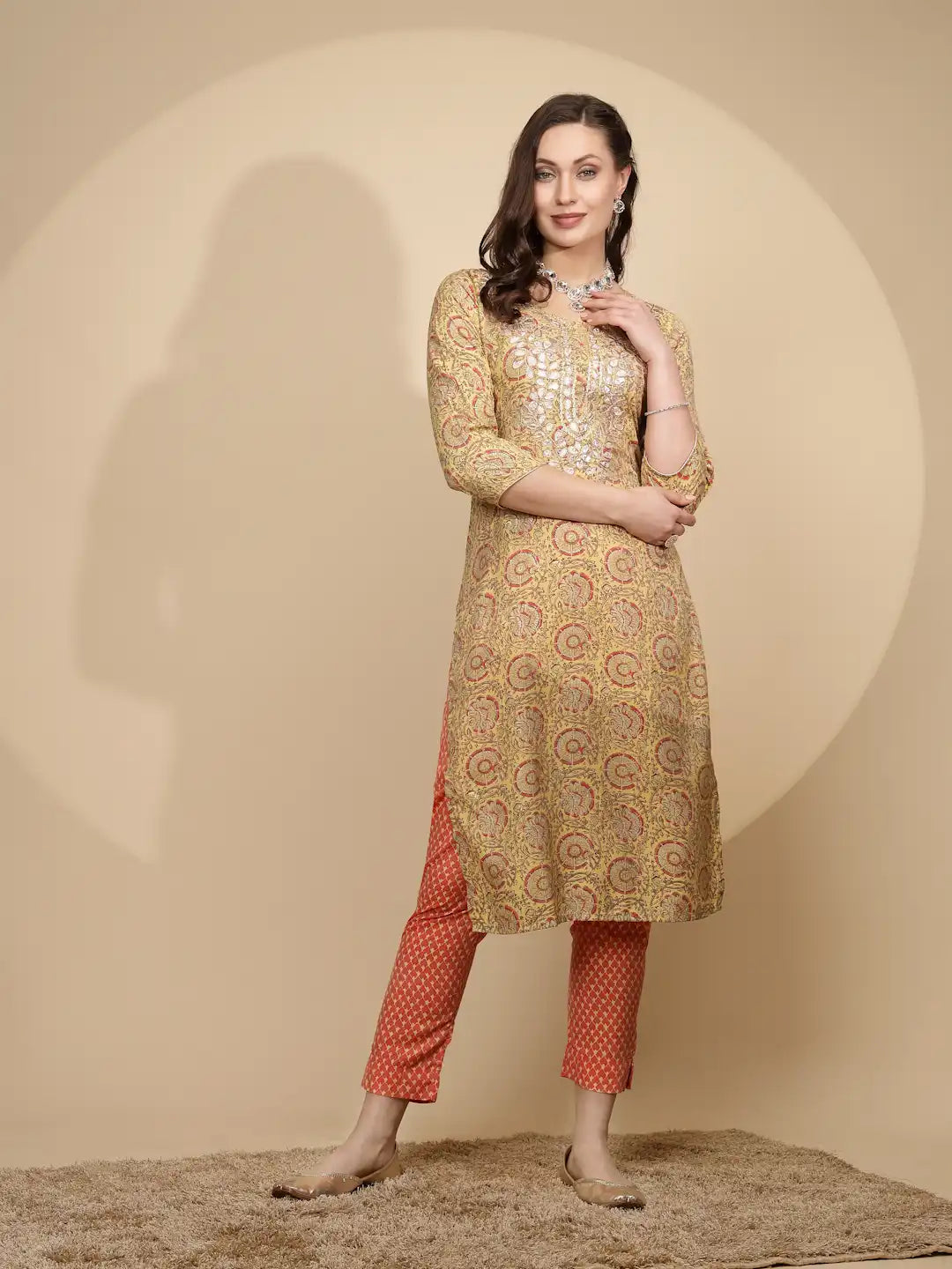 Yellow Printed Cotton Blend Kurta Set - Global Republic