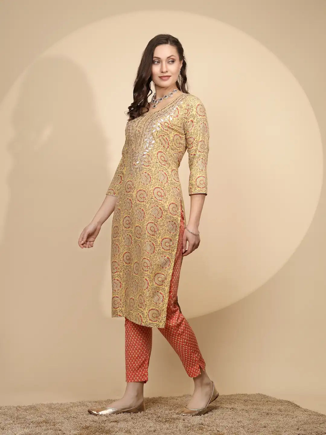 Yellow Printed Cotton Blend Kurta Set - Global Republic