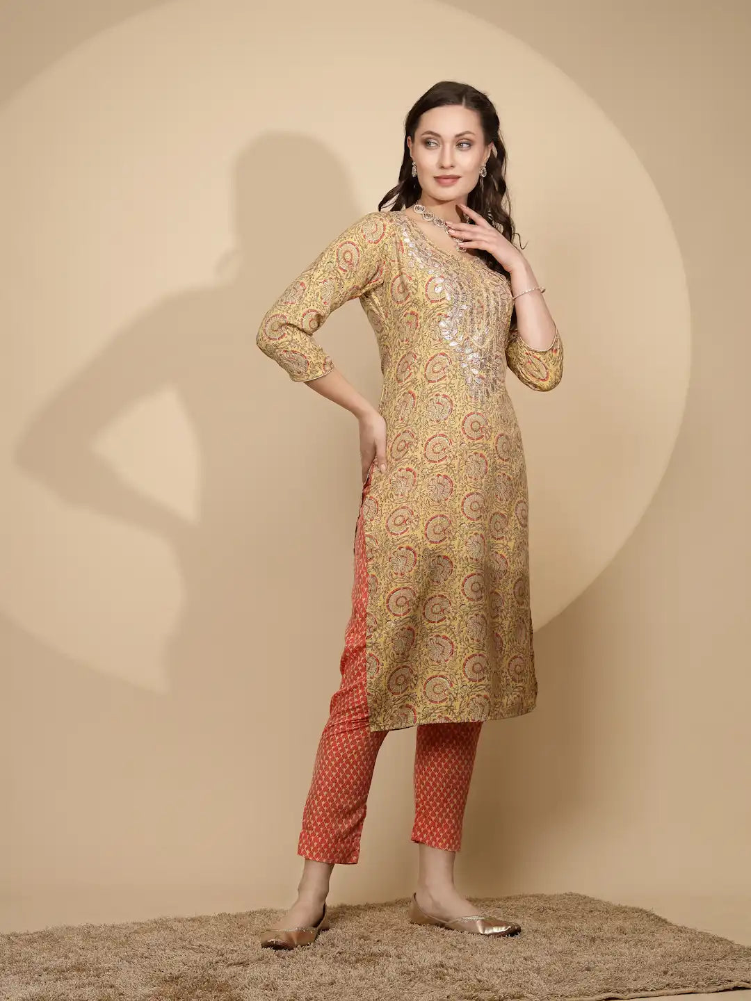 Yellow Printed Cotton Blend Kurta Set - Global Republic