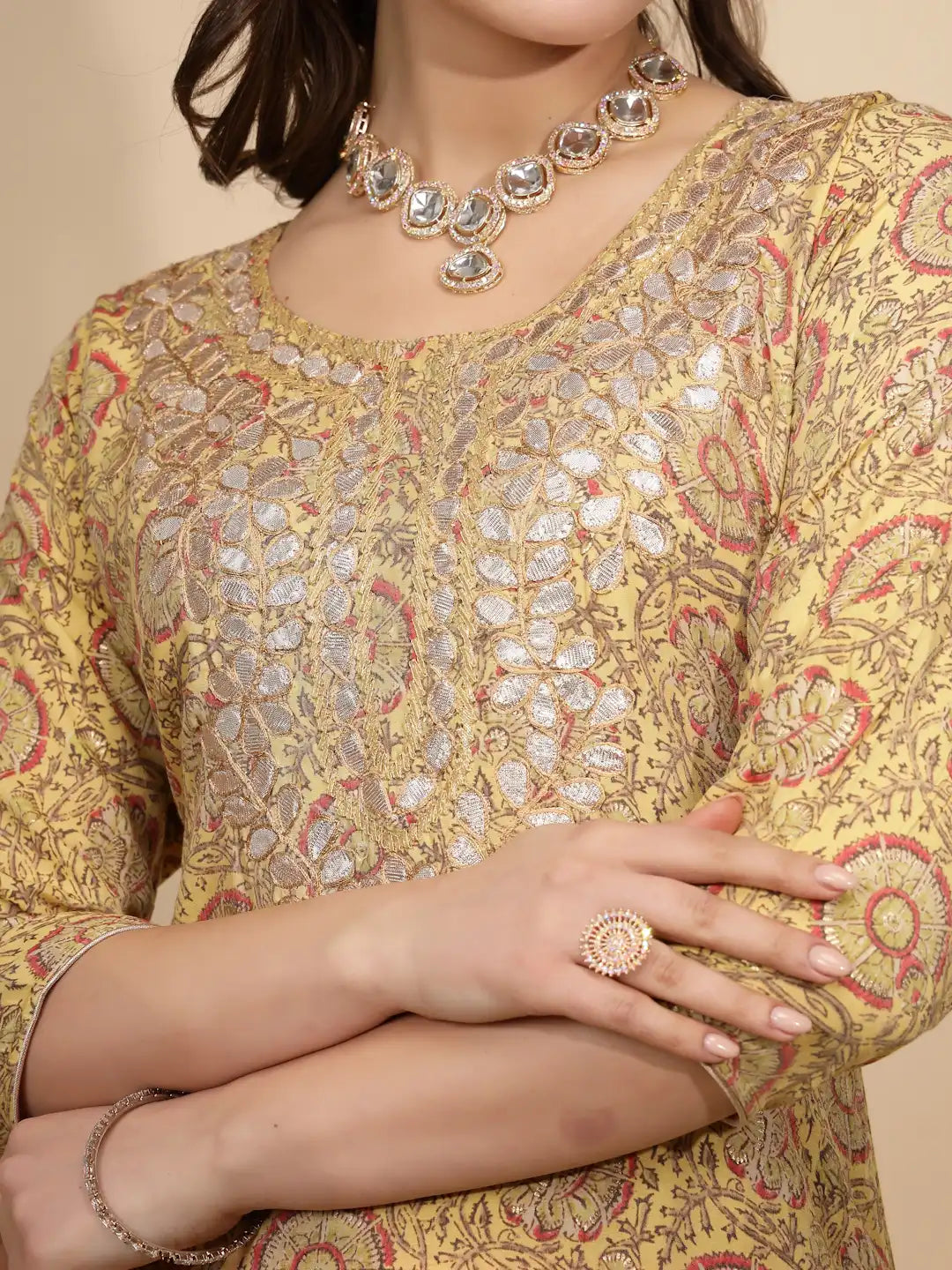 Yellow Printed Cotton Blend Kurta Set - Global Republic