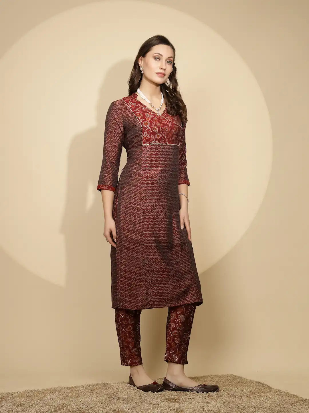 Maroon Rayon Regular Fit Kurta Set For Women - Global Republic