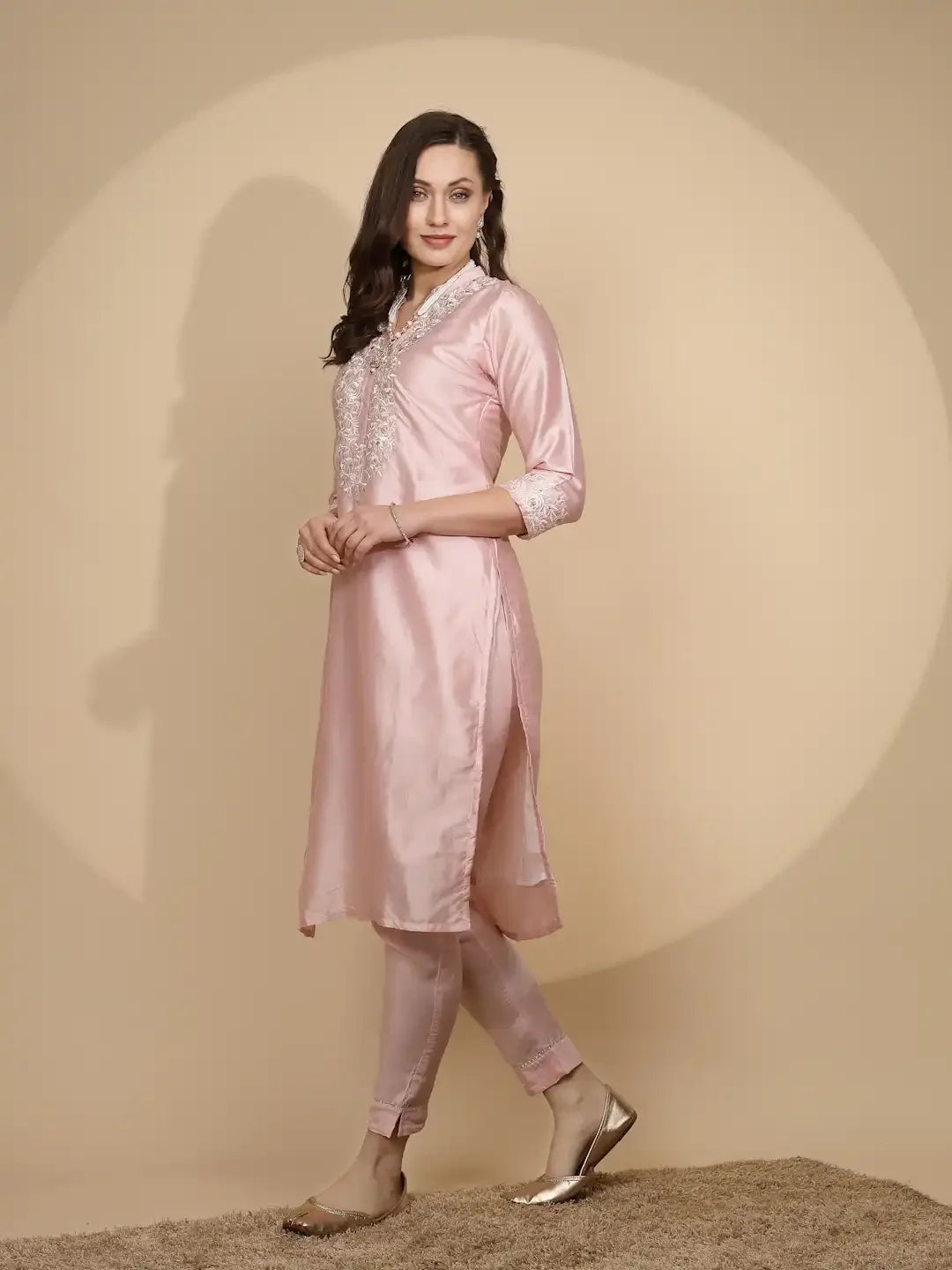 Pink Silk Regular Fit Kurta Set For Women - Global Republic