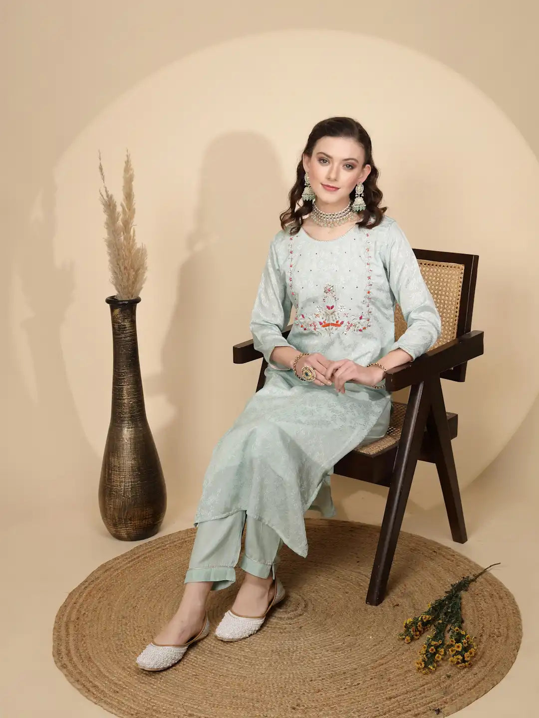 Sage Green  Silk Kurta Set - Global Republic