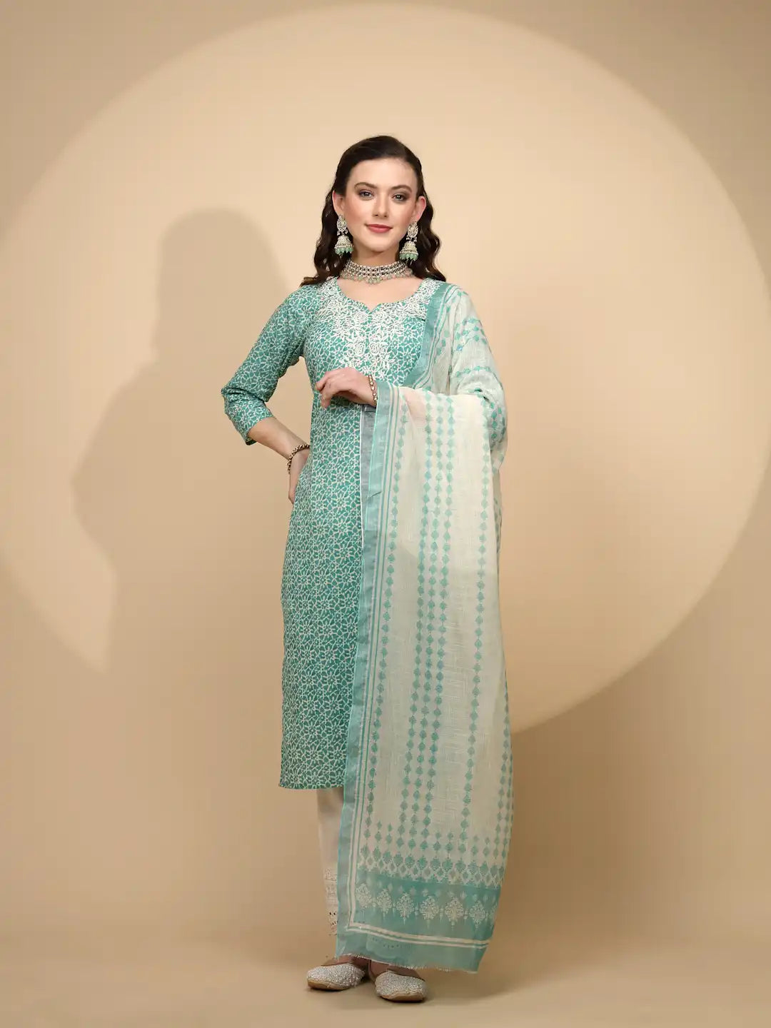 Green Cotton Regular Fit Suit Set For Women - Global Republic